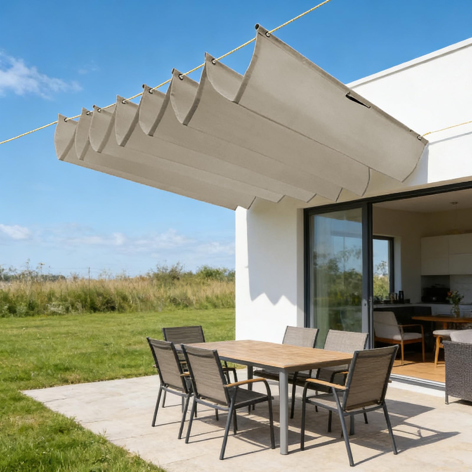 Sun Shade Sail Retractable Wave,Waterproof Windproof 98% UV Retractable Wave Awning,for Outdoor Patio Garden Yard Backyard,With free rope-Khaki||100x300cm
