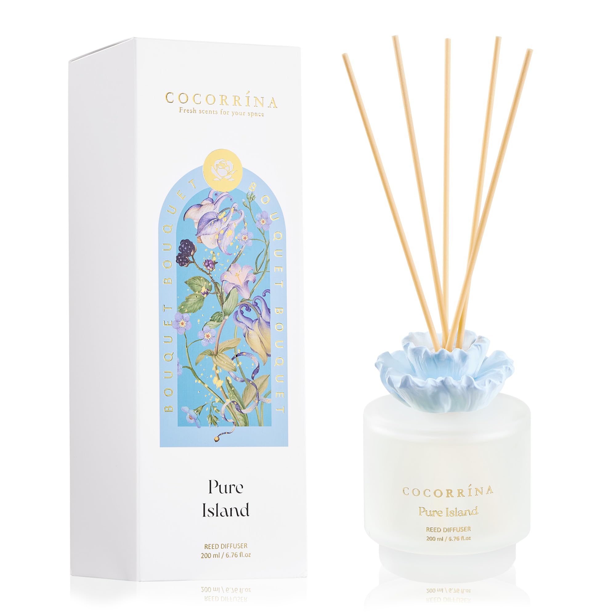 COCORRÍNA Reed Diffuser Set with 8 Fragrance Sticks 200ml, Pure Island, Long-lasting, Home Fragrance for Bathroom, Living Room, Bedroom, Shelf Decoration (Gypsum Flower)