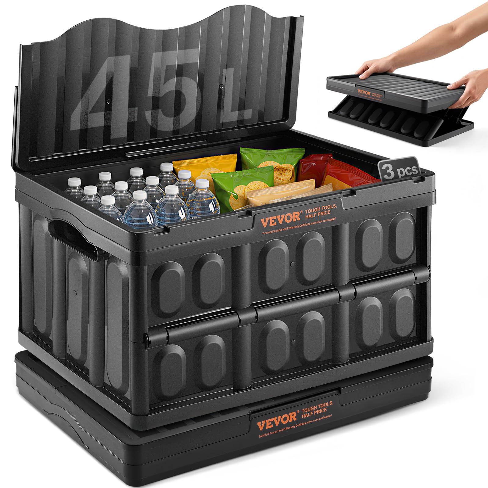 Vevor Collapsible Storage Bins With Lids Folding Stackable Containers 45L 3-Pack