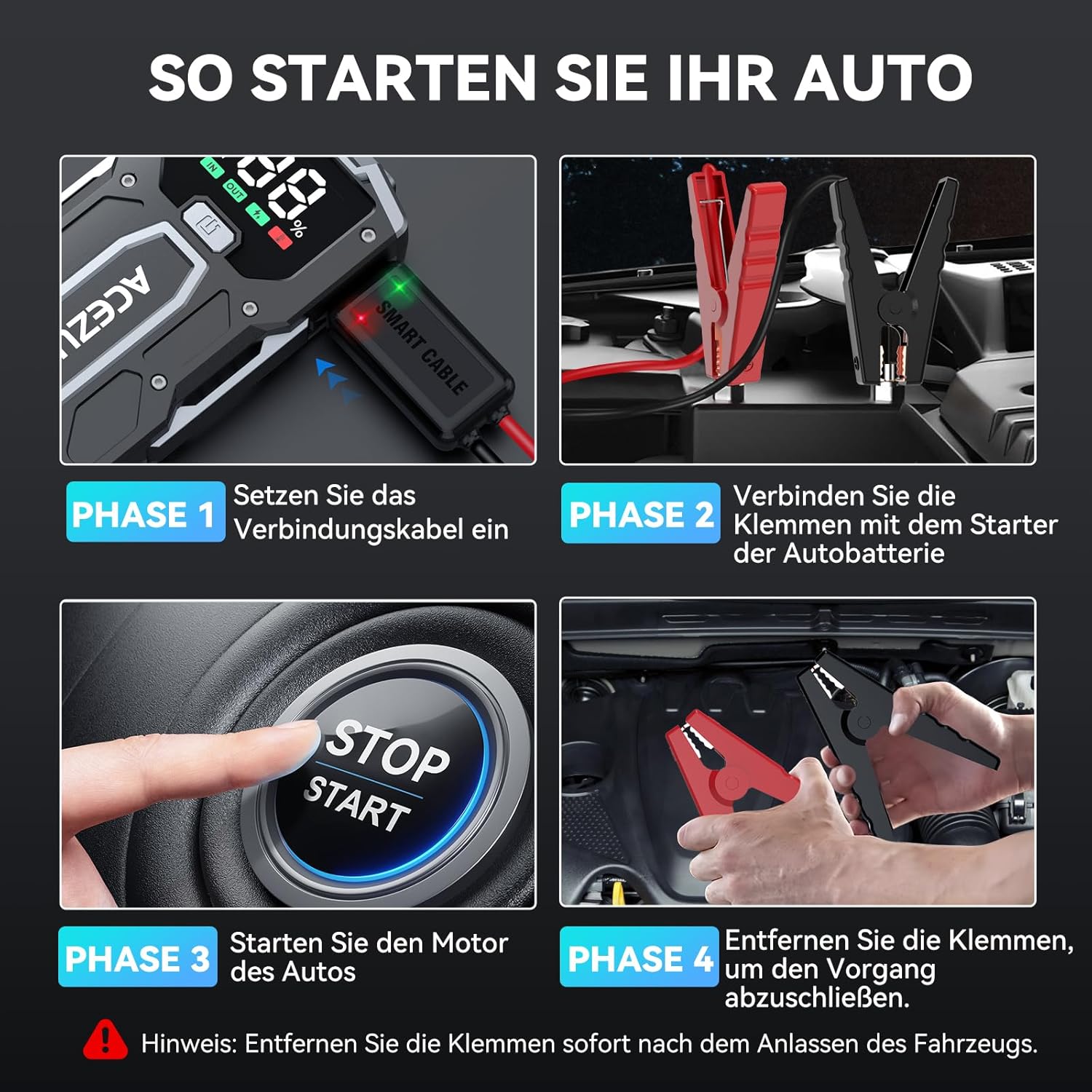 ACEZUK M01 jump starter with 2.5-inch LCD screen displaying battery and temperature information