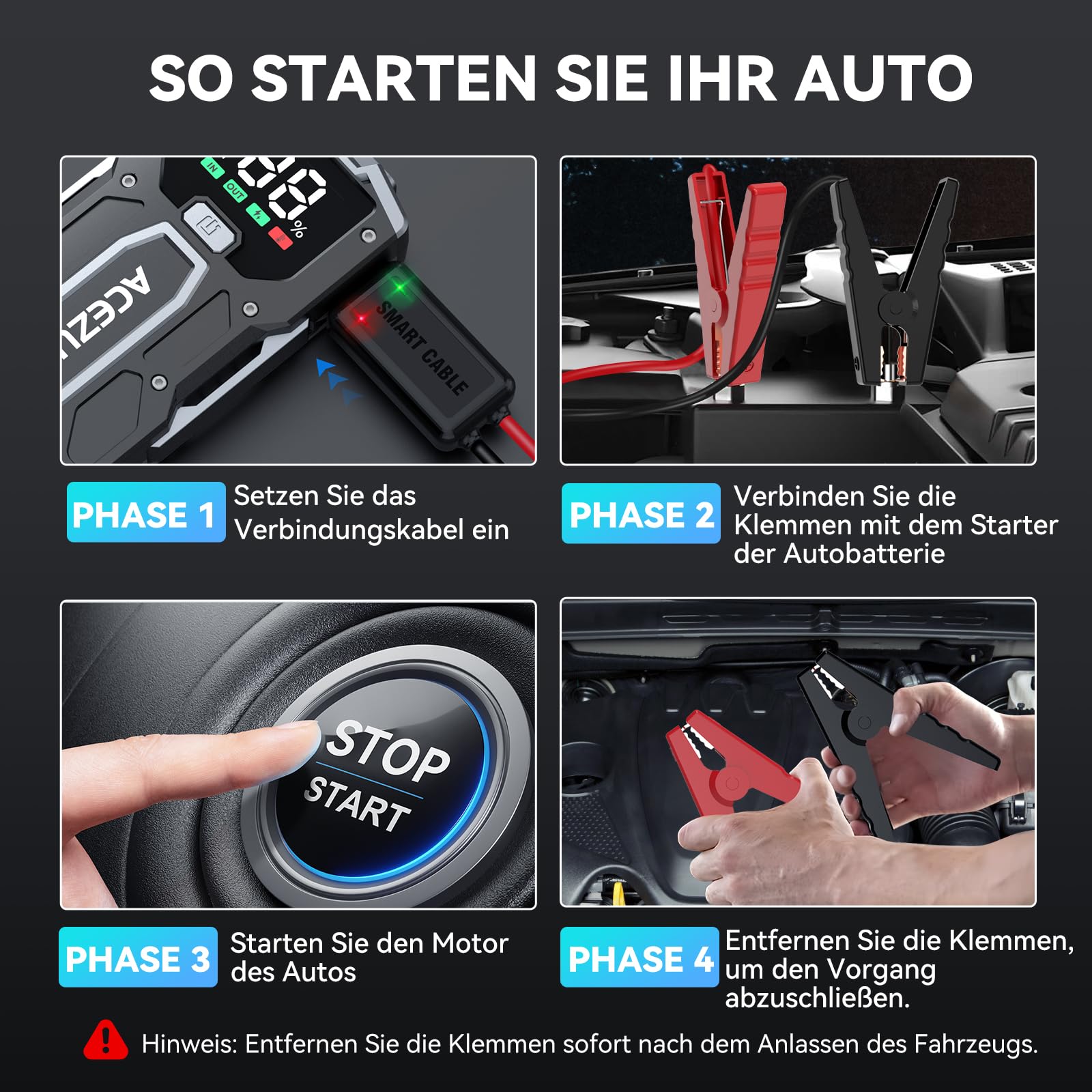 ACEZUK Starthilfe Powerbank 8000A, Leistungsstarker 12V Autobatterie Booster für PKW, SUV, Motorrad und Rasenmäher, Startet bis zu alle Benziner &10.0L Diesel, LCD-Großdisplay, LED-Notlicht