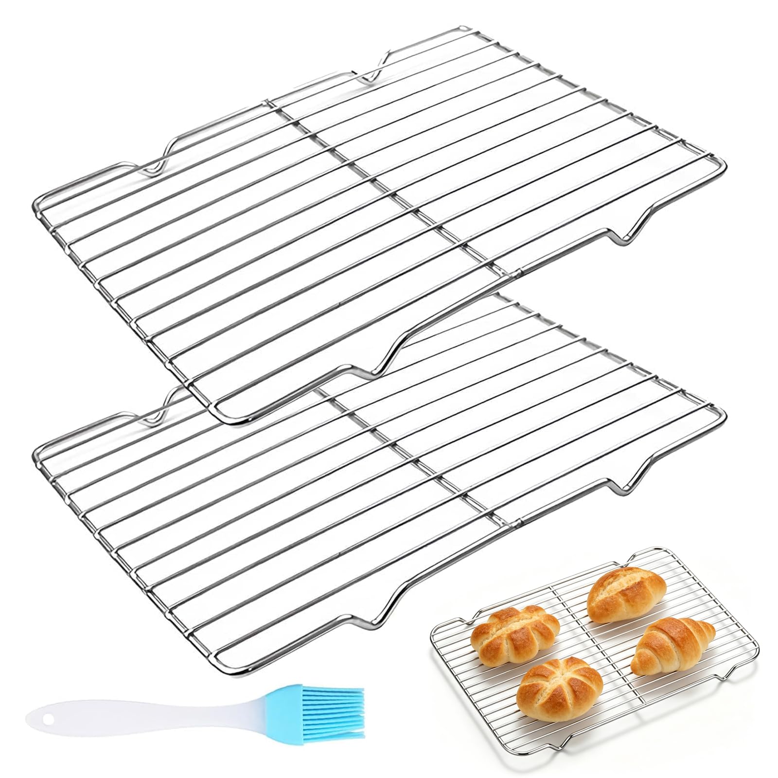 2 Pack Cooling Racks for Baking, 30 x 20 cm / 11.8 x 7.9 in Stainless Steel Wire Rack Set with Baking Brush, Kitchen Racks for Cooling Cakes, Roasting Meat, Grilling and Drying Food