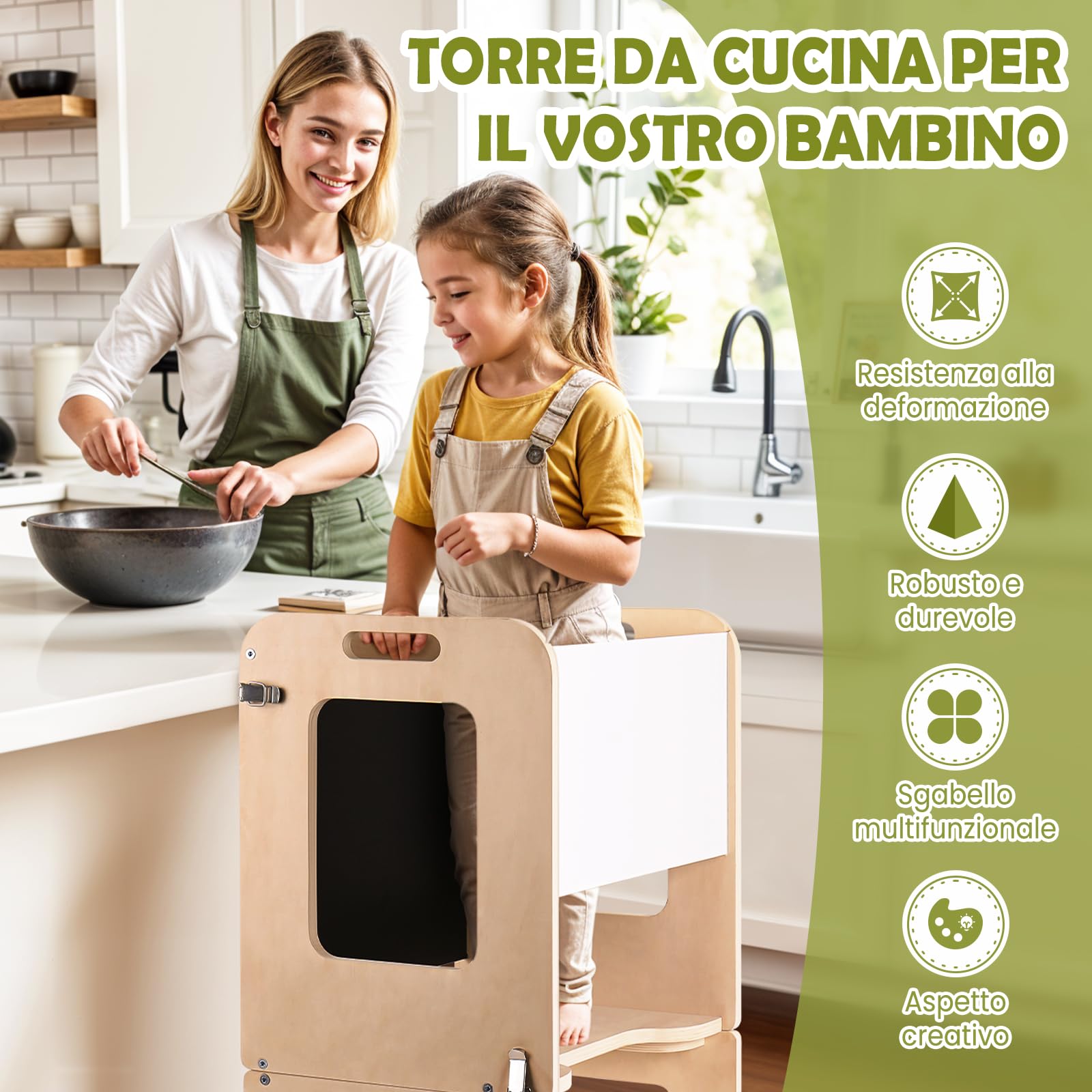 Torre Montessoriana Bambini da 1 Anno, 4 in 1 Torre Montessoriana Pieghevole per L'Apprendimento in Piedi, Torre Montessori con Lavagna e Lavagna Bianca, Regalo per Bambini e Bambine da 1 a 3 Anni