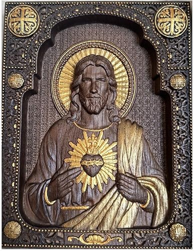 Sacred Heart of Jesus Wood Carved Catholic Icon of Our Lord Christian Gift Religious Wall Hanging Art Work