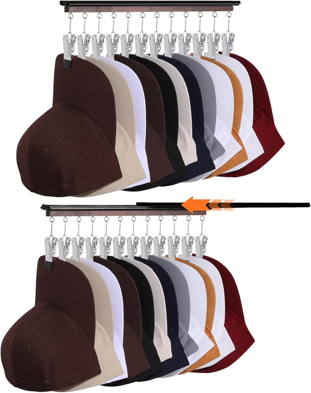 SNOWSTAR Hat Hanger for Closet, 2 Pack Sliding Hat Rack for Baseball Caps, Baseball Hat Organizer Holder with 24 Large Clips, Ball Cap Organizer Wall Space Saving Design