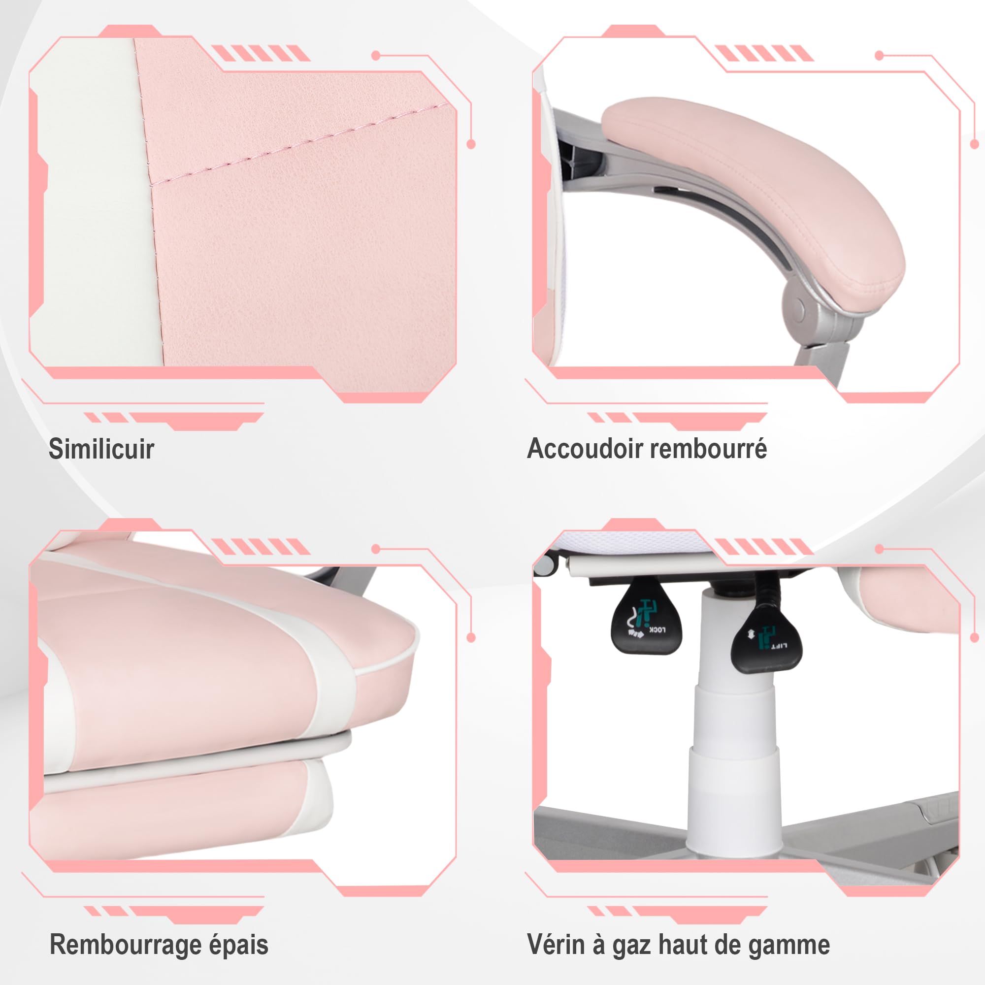 HOMCOM Chaise Gaming avec Repose-Pieds, Hauteur Réglable, Appui-Tête, Rose