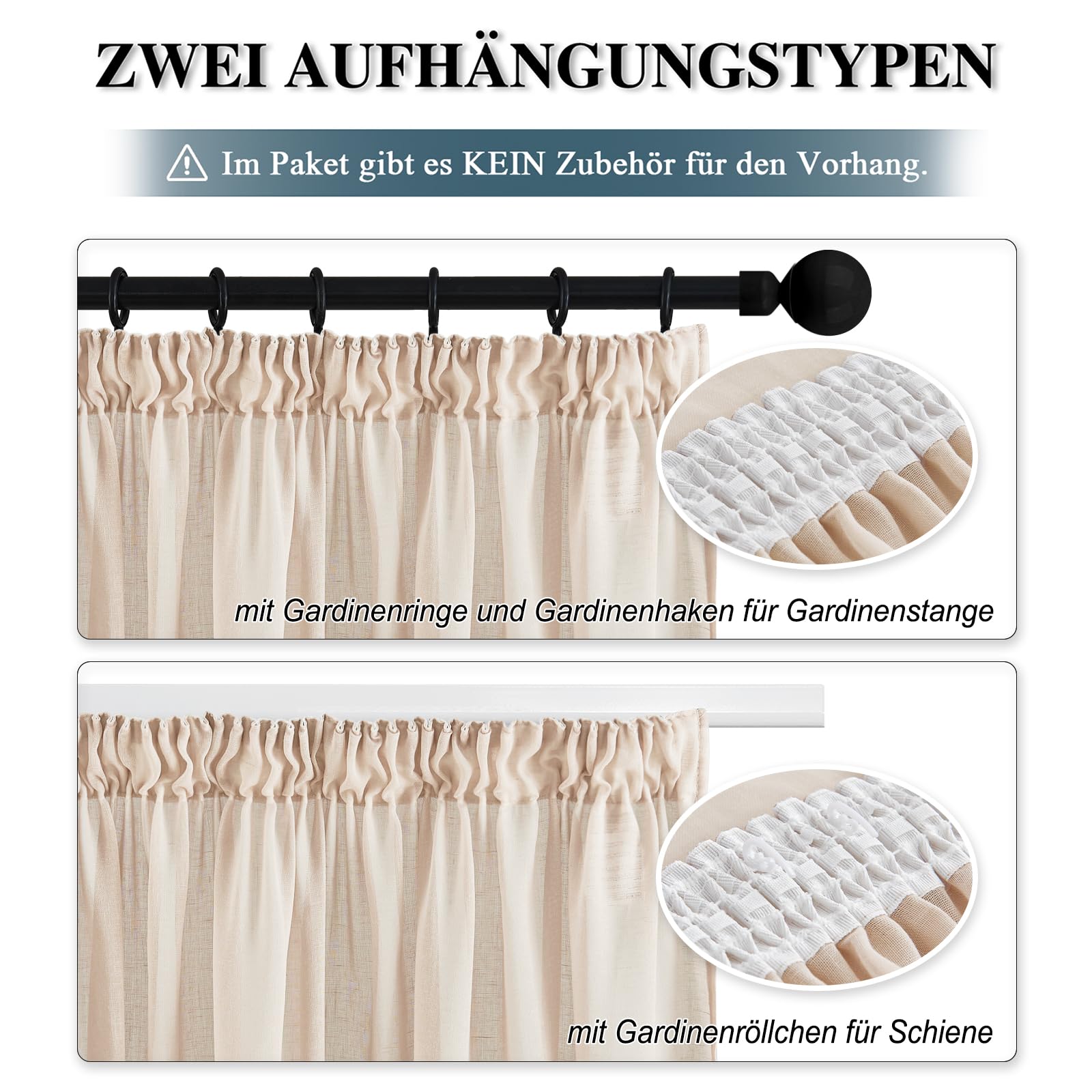 PONY DANCE Extra Lange Vorhänge Beige Halbtransparent mit Kräuselband im Landhausstil 2er Set H 260 x B 140 cm Wohnzimmer Gardinen Leinenoptik Vorhang Balkontür Gardine