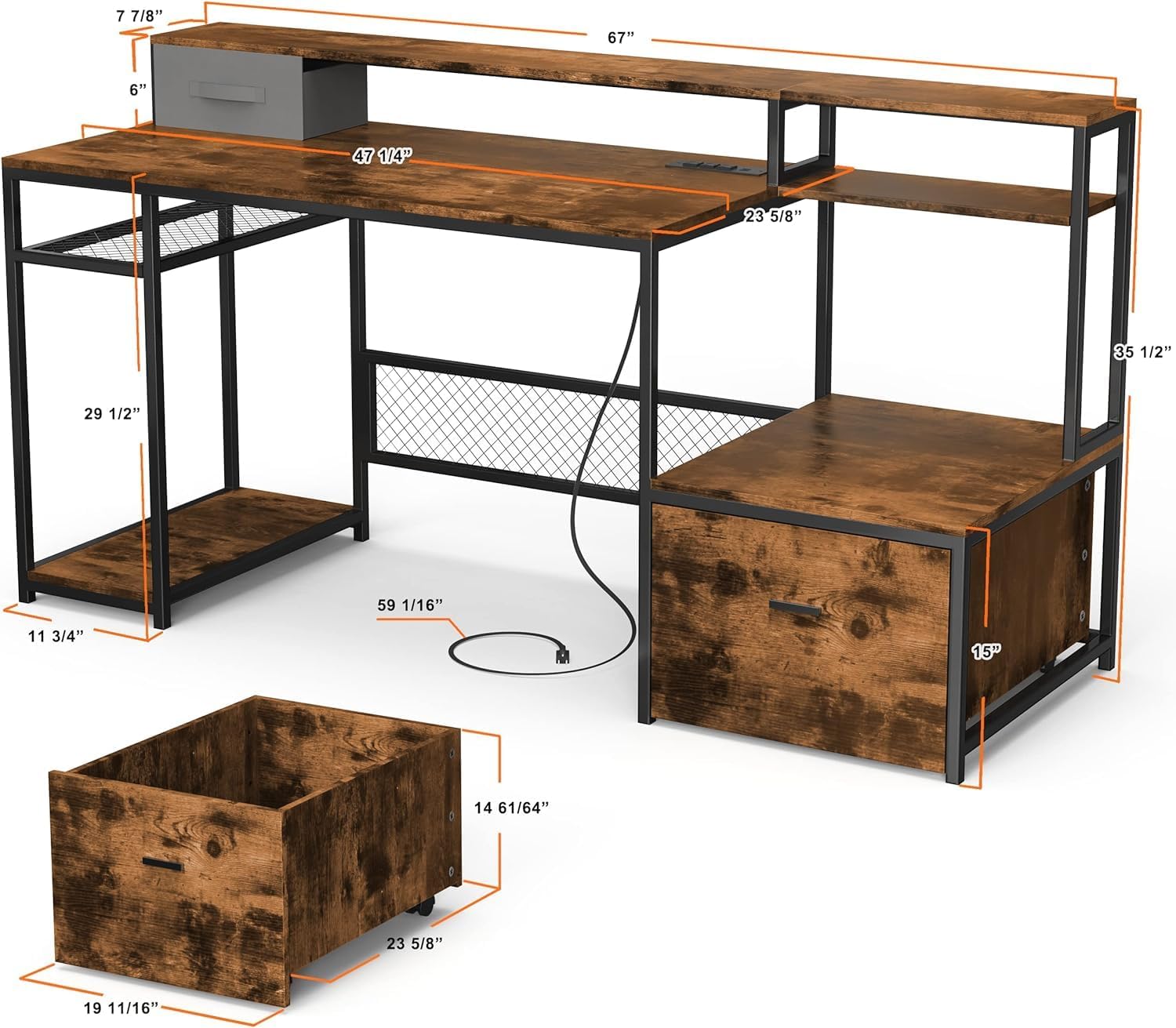 Detailed dimensions of the AYEASY 66-Inch Rustic Brown Computer Desk, showing measurements for the desktop, monitor stand, shelves, and removable drawer.
