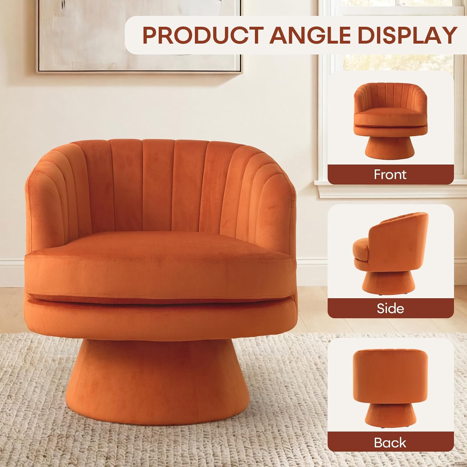 CANMOV Swivel Accent Chair with Armrest, Modern 360 Degree Swivel Barrel Chair with Curve Back and Soft Cushion, Comfy Velvet Round Armchair Single Sofa for Living Room, Bedroom, Orange