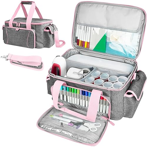 Cricu Joy Carrying Case, Convenient Travel Organizer with Dividers for Cricu Joy Xtra Accessories and Various Supplies, Cricu Joy Case Bag, Sturdy Oxford Fabric(Pink Gray)
