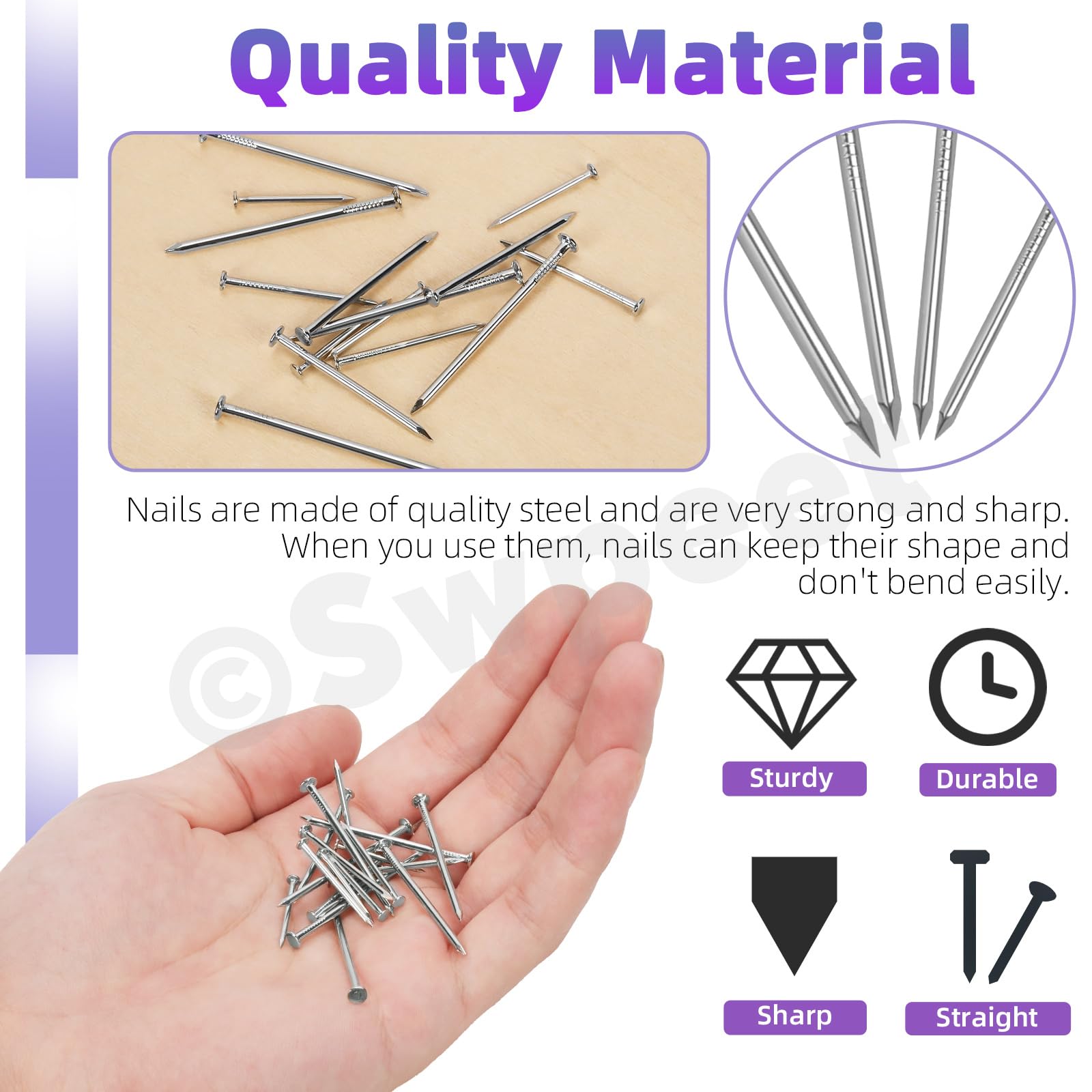 Swpeet 900Pcs 4 Sizes Hardware Nails Assortment Kit, Silver Galvanized Nails, Small Nails, Pin Nails, Finishing Nails - Image 3