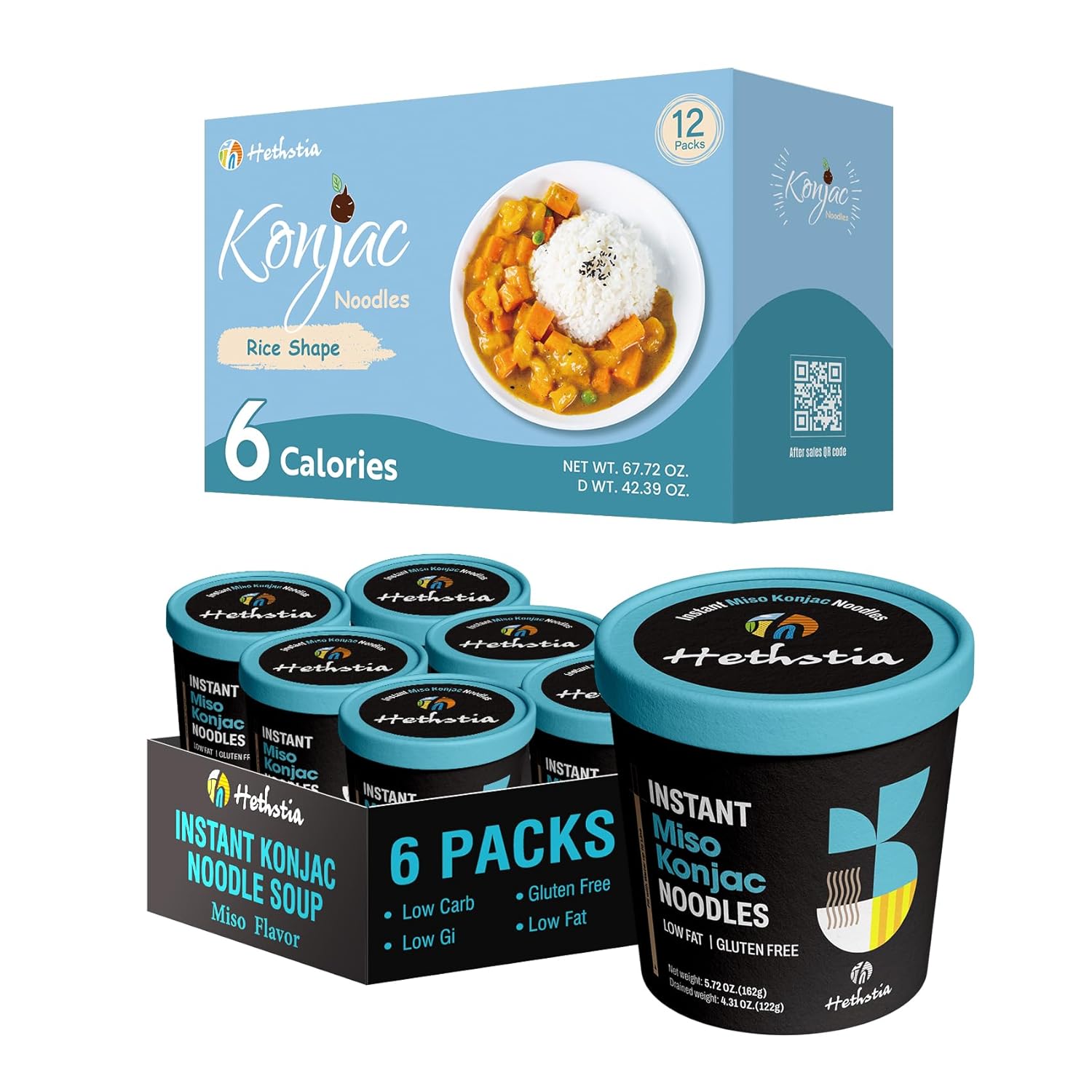 Hethstia Konjac Noodles Instant Miso Soup Cup, 6 Packs & Konjac Rice, 12 Packs - Low Carb Shirataki Angel Hair Pasta Miso Broth & Konjac Rice, Gluten-Free, Low GI, Vegan, Ready to Eat Healthy Meals