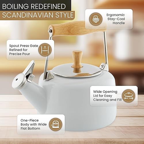 Miniatura 2 de Chantal SVEN - Tetera silbante esmaltada sobre acero con mango de madera natural, 1.4 cuartos de galón (blanco)