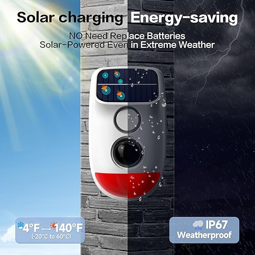 Miniatura 5 de Alarma solar con sensor de movimiento, sirena de seguridad impermeable IP65 de 120 dB con luz estroboscópica, 3 modos para patio, granja, hogar,