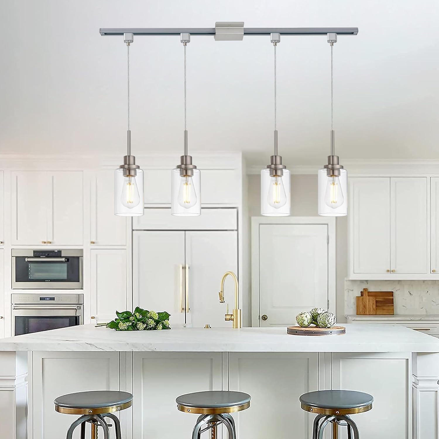 MELUCEE 4 Packs H Track Pendant Lighting Brushed Nickel Ceiling Hanging Lamp Track Lighting Fixtures Pendant with Clear Glass Shades, Compatible with H Type Track Lighting Rail, E26 Socket