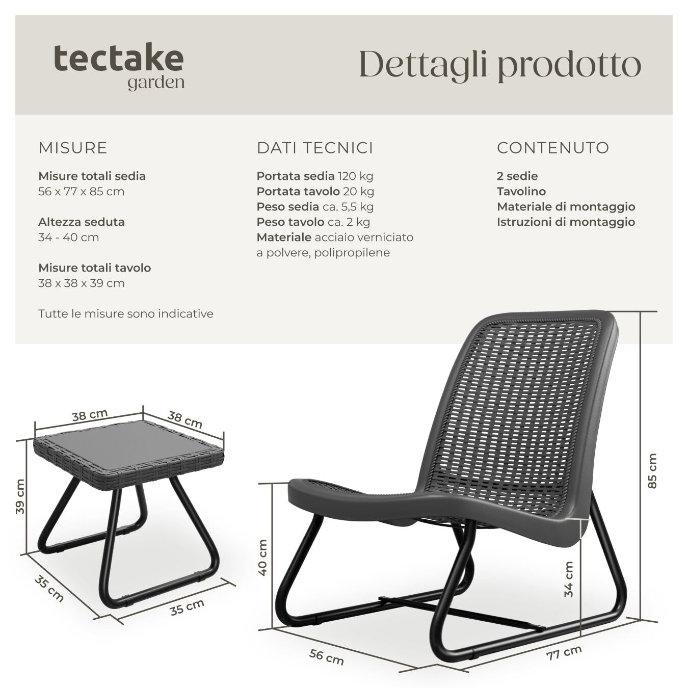 tectake® Salotto da Giardino in Rattan, Salotto da Giardino Esterno con Telaio in Acciaio, 1 Tavolino Salotto, 2 Sedie da Giardino con Schienali Ergonomici e Regolabili in Altezza - Grigio