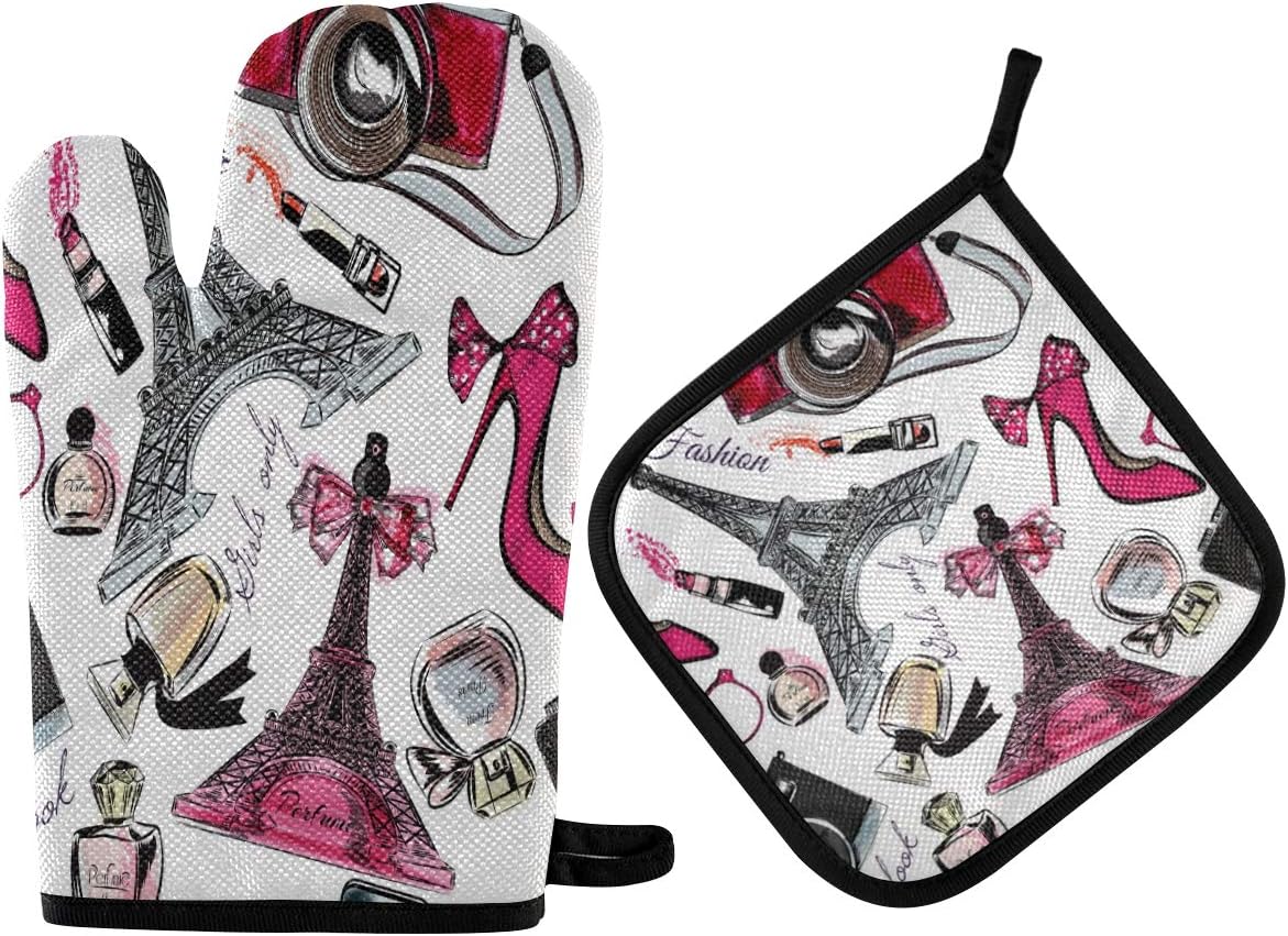 N/E RXYY Perfume Eiffel Tower Shoes Camera Lipstick Oven Mitts Padded Cotton Lining Potholders BBQ Gloves-Oven Mitts and Pot Holders Heat Resistant Kitchen Gloves Safe Mats for Baking Cooking