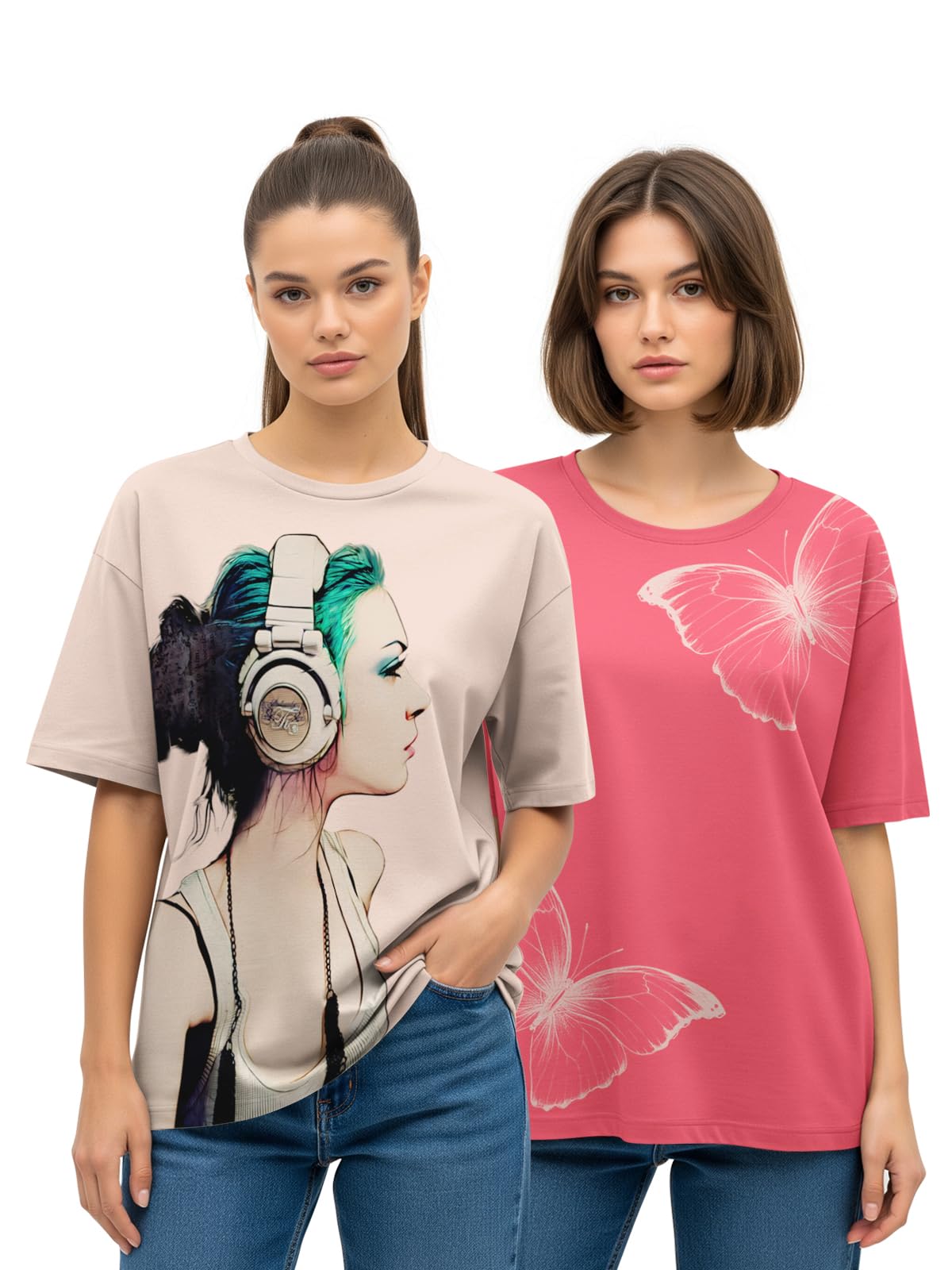 HELLCAT Multicolor Trendy Printed Oversized T-Shirt for Women |Pack of 2 T-Shirt