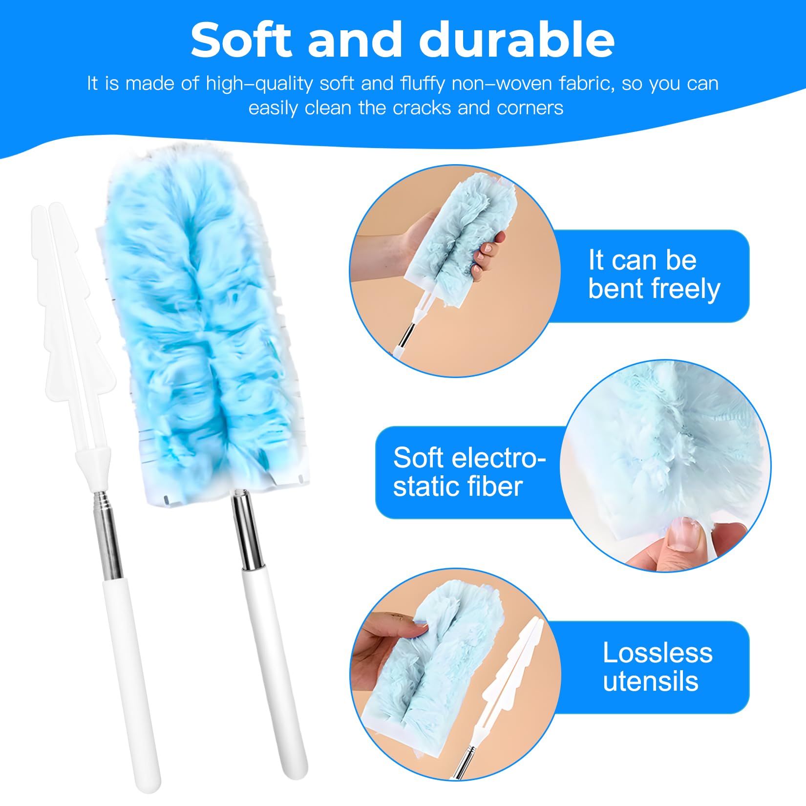 12 Pcs Recambio Plumero Atrapapolvo Recambios Kit, Paños de Repuesto con Imán para Polvo, Plumero Plano Extensible de 360°, para Pelo de Mascotas y Suciedad (10 Paños, 2 Mango Telescópico)