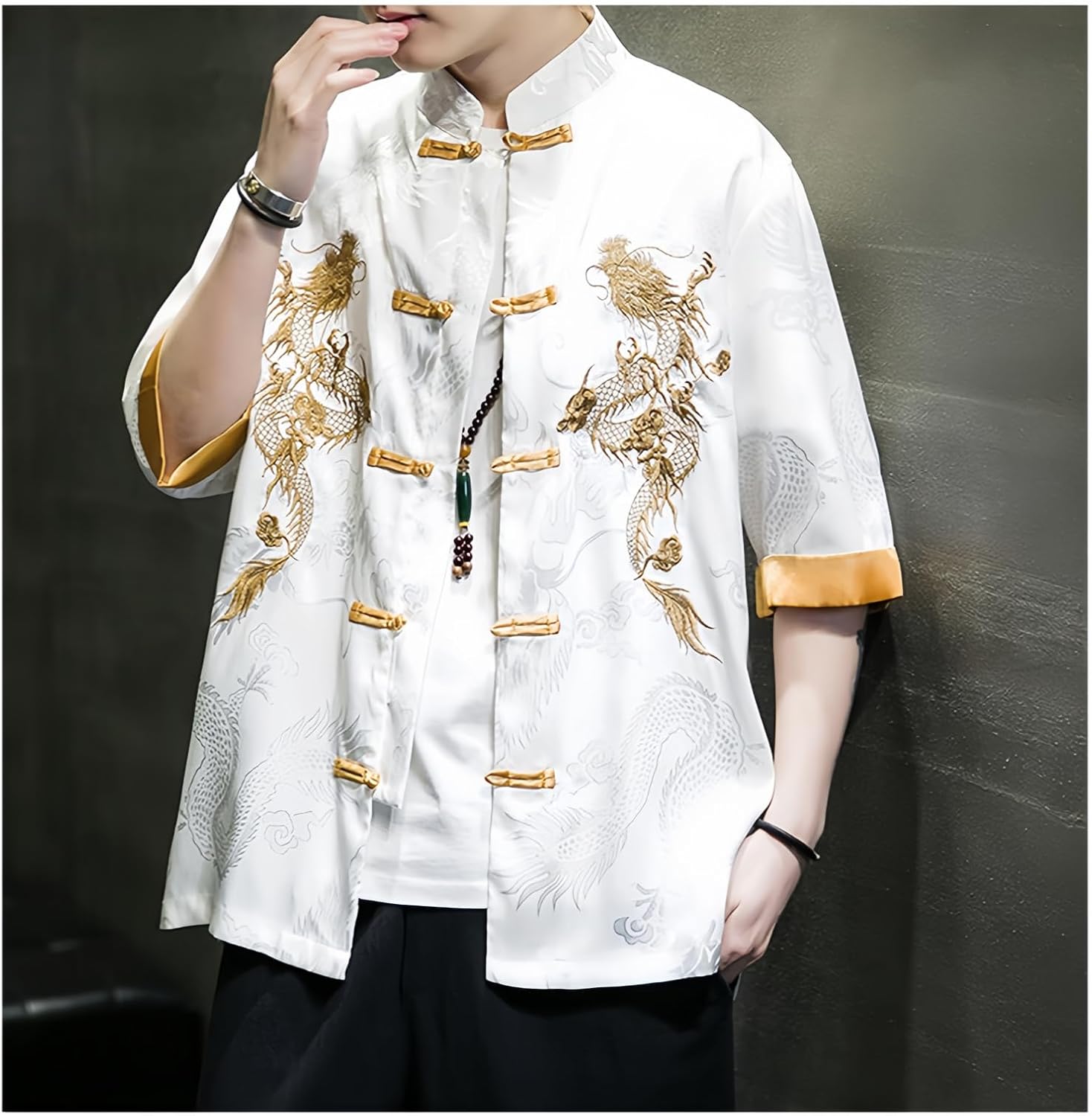 Men's Kung Fu Shirt,Traditional Chinese Hanfu Tang Suit Coat with Silk Printing,Half Sleeve Top for Casual Summer Outfits