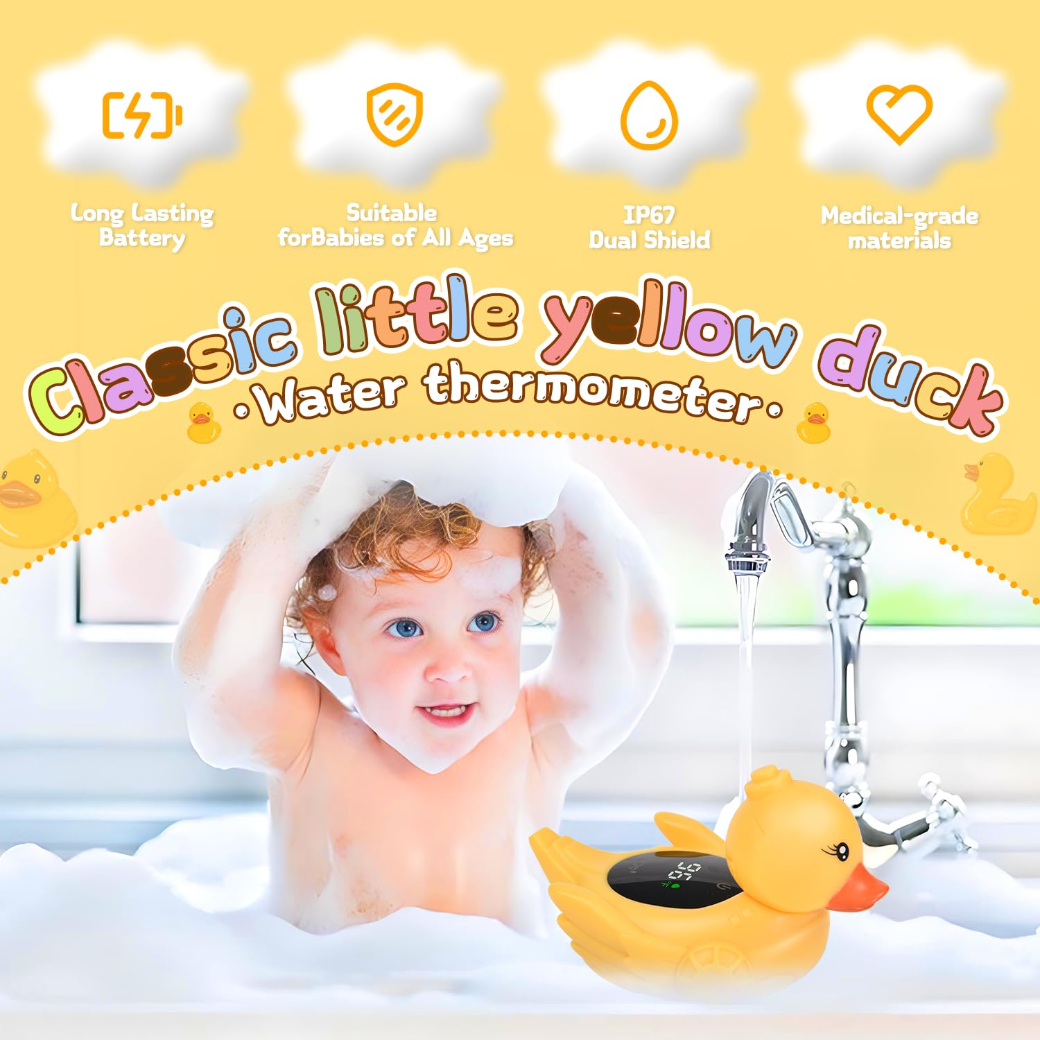TKY Termometro da bagno per bambini con giocattoli galleggianti, monitor digitale della temperatura dell'acqua e della temperatura ambiente, termometro ricaricabile con avvisi per gli elementi