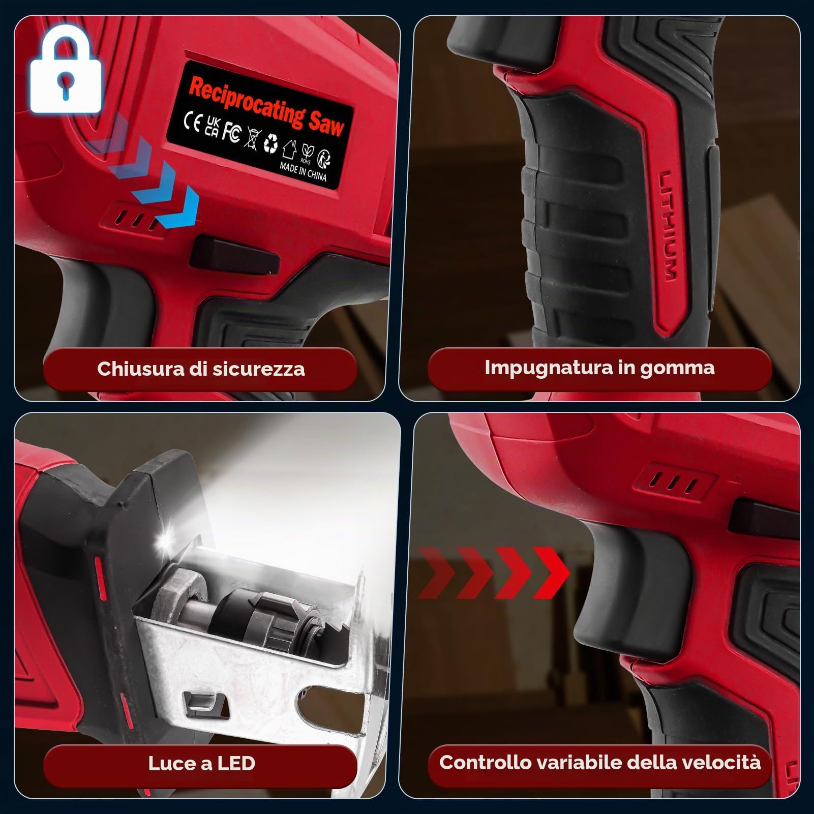 Gattuccio a Batteria, 21V Sega a Gattuccio, Sega Elettrica con 2 Batteria, 0-4000RPM Velocità Variabile Seghetto a Gattuccio, 8 Lame, Seghetto Alternativo Senza Utensili per Legno Metallo PVC