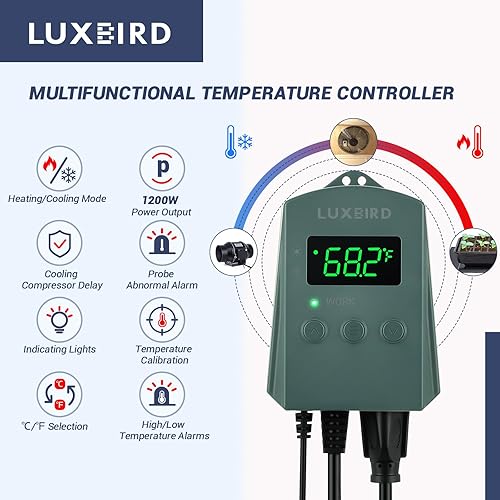 Miniatura 2 de LUXBIRD Termostato digital con termostato de calor y refrigeración de 10 A 1200 W para plántulas, reptiles y cerveza, cría, incubación, invernadero,