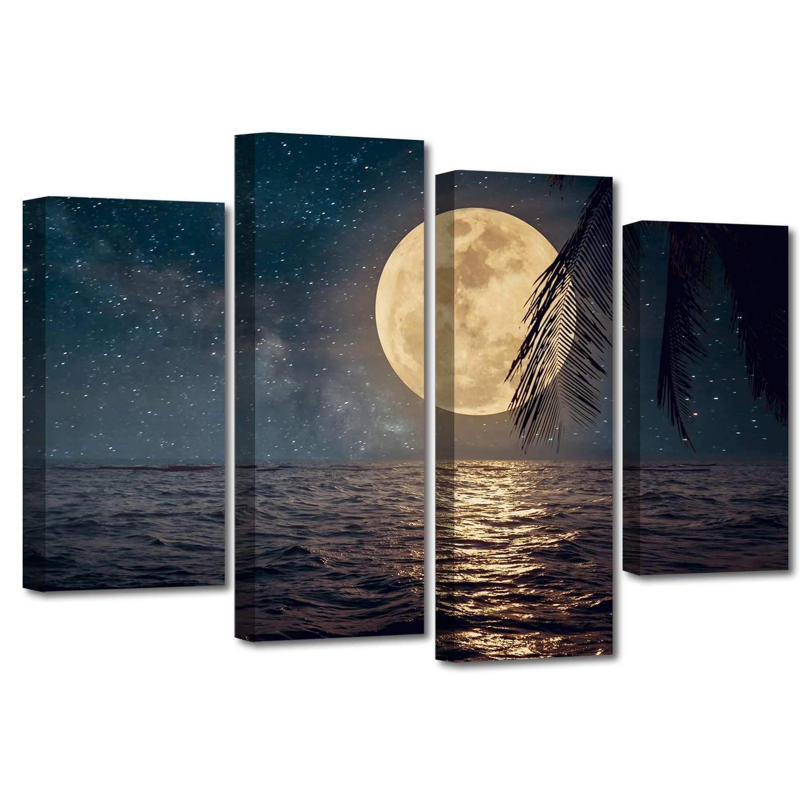 LZIMU Moon Canvas Wall Art 4 Pieces Moon Ocean and Tree Picture Printing Modern Poster for Living Room Dining Room Home Decor Framed (Moon-2, 8"x12"x2P, 8"x20"x2P)