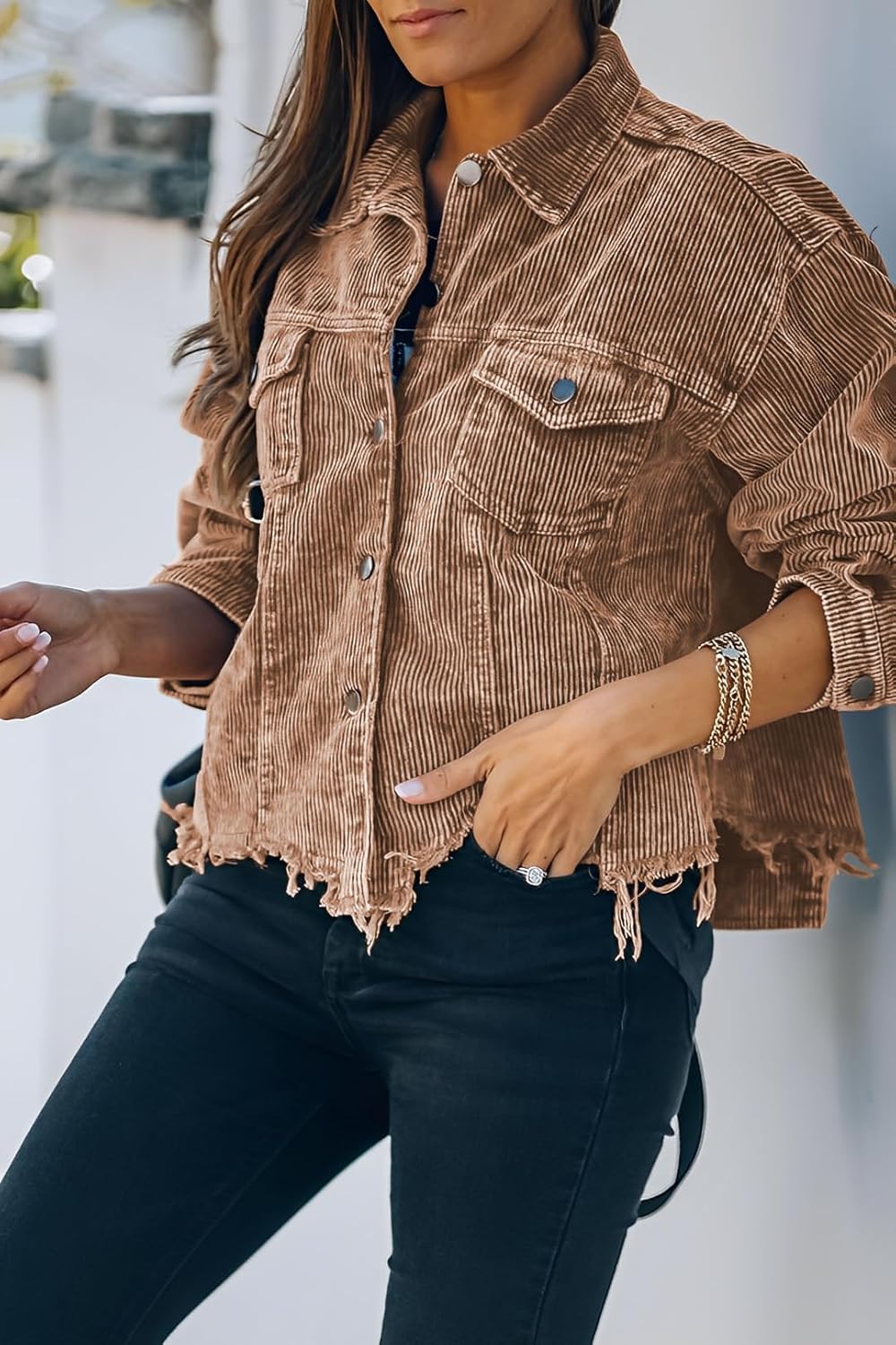 Womens Cropped Corduroy Jacket Casual Button Down Shacket Coat Fringe with Frayed Hem - Image 5
