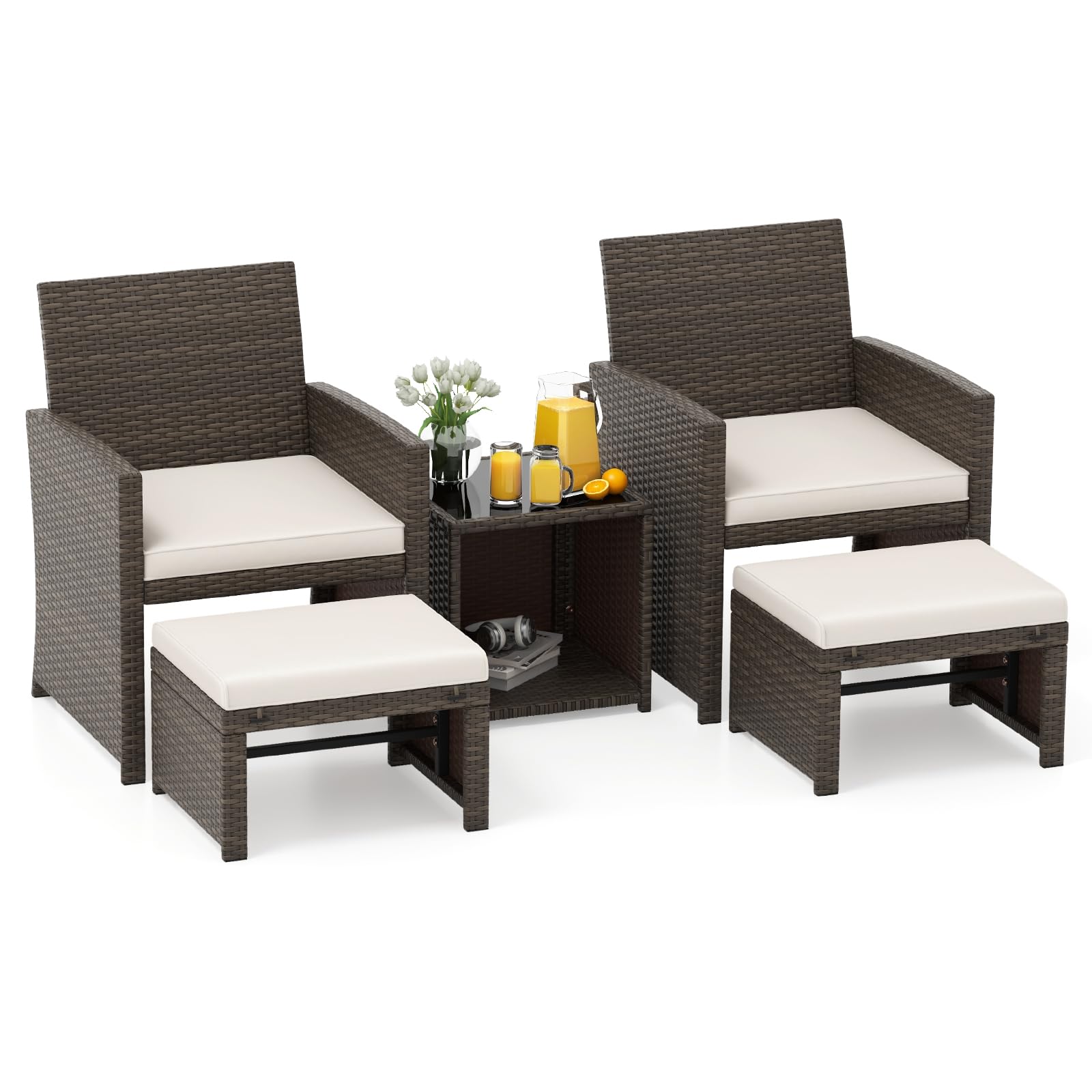 COSTWAY Conjunto de Muebles de Jardín de Ratán 5 Piezas, Set Conversación de Exterior con Silla y Otomana y Mesa Baja en Vidrio Templado, Cojines, Mesa y Sillas Terraza Jardín Patio Piscina (Blanco)