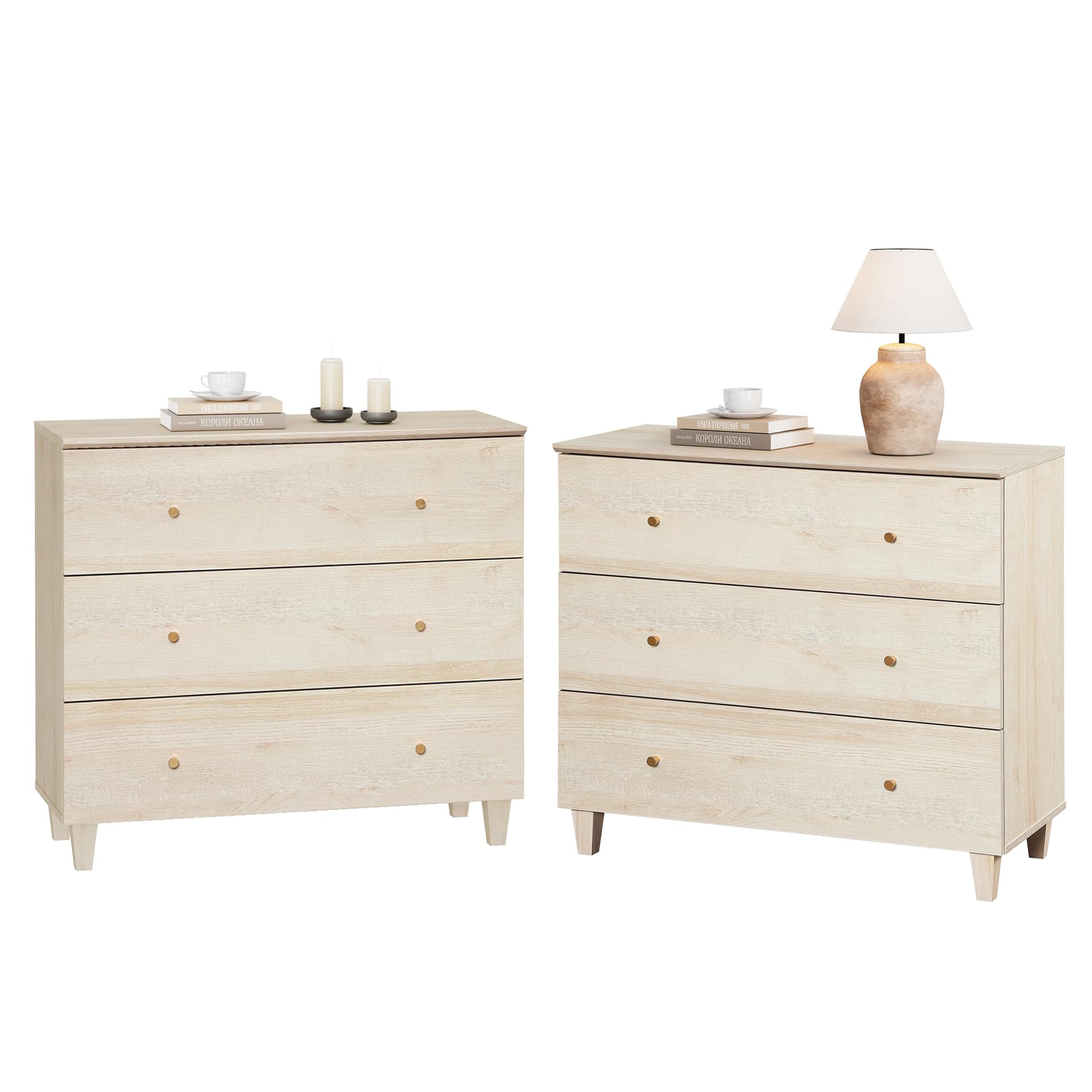WAMPAT Set of 2 Nightstands with 3 Wide Drawers for Bedroom, Modern Wood Bedside Tables Chest Dressers Night Stands, Large Sofa Side End Tables for