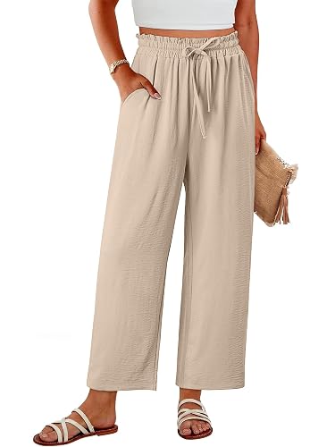 CRAZY GRID Womens High Waisted Palazzo Pants Beach Flowy Summer Wide Leg Trousers Lightweight Casual Vacation Pants with Pockets Medium Apricot