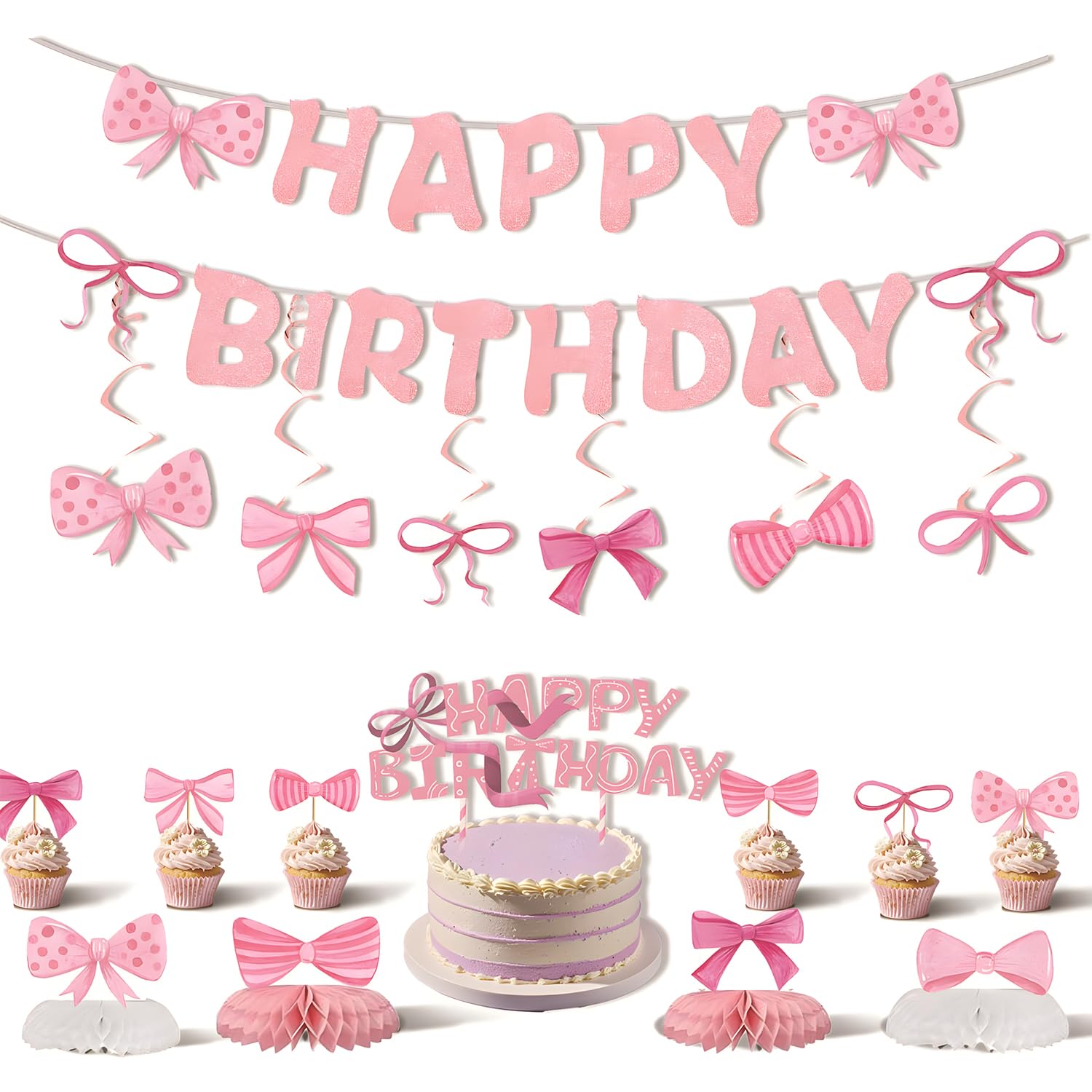 36Pcs Pink Bow Birthday Decorations for Girls, Pink Birthday Decorations Set with Happy Birthday Banner, Table Centrepieces, Hanging Swirls, Cake & Cupcake Toppers, Coquette Bow Party Supplies