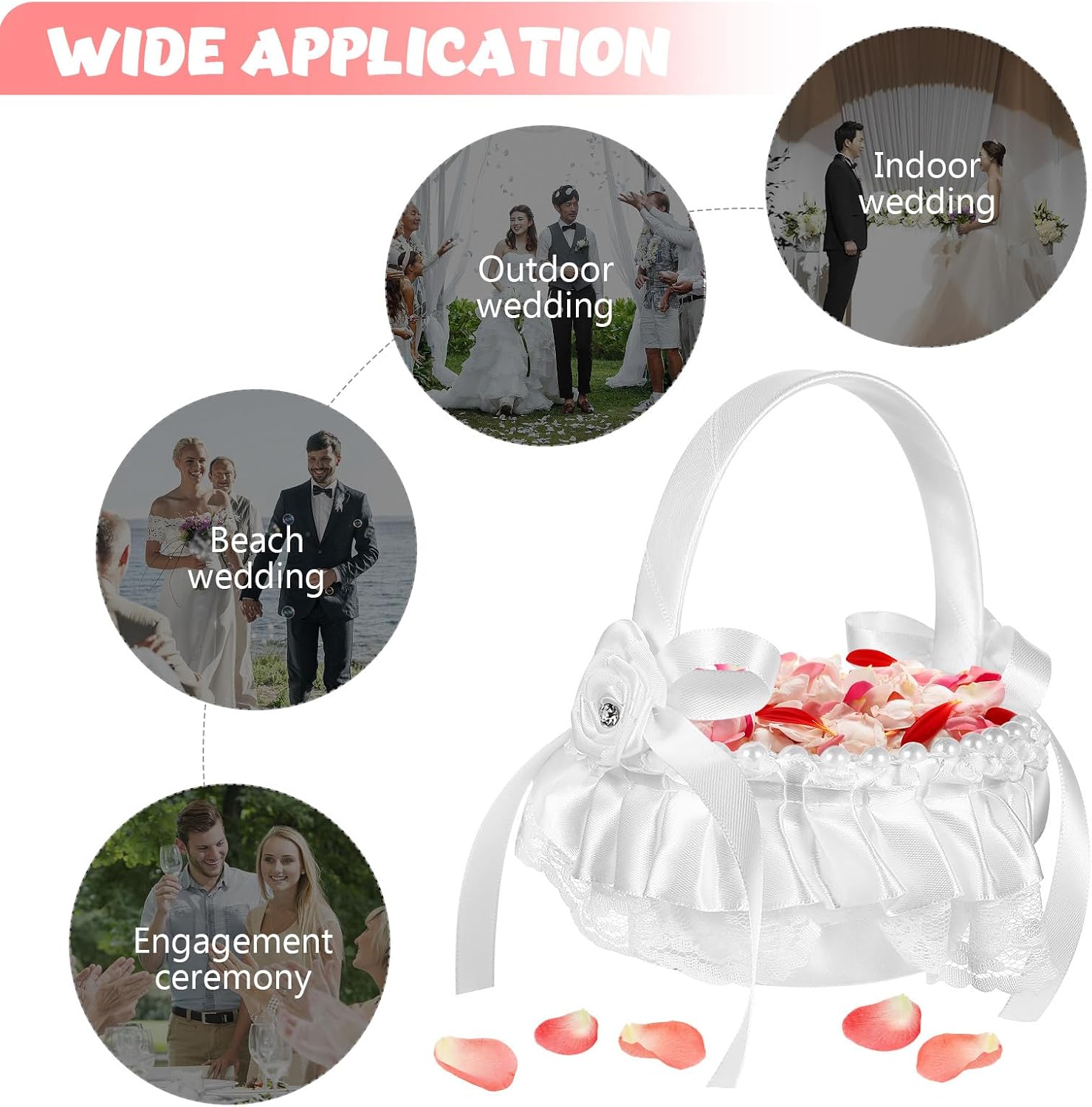 Ipetboom Wedding Flower Girl Baskets 4pcs Satin Flower Baskets with Pearl Handle and Bowknot Decorative for Ceremony Supplies