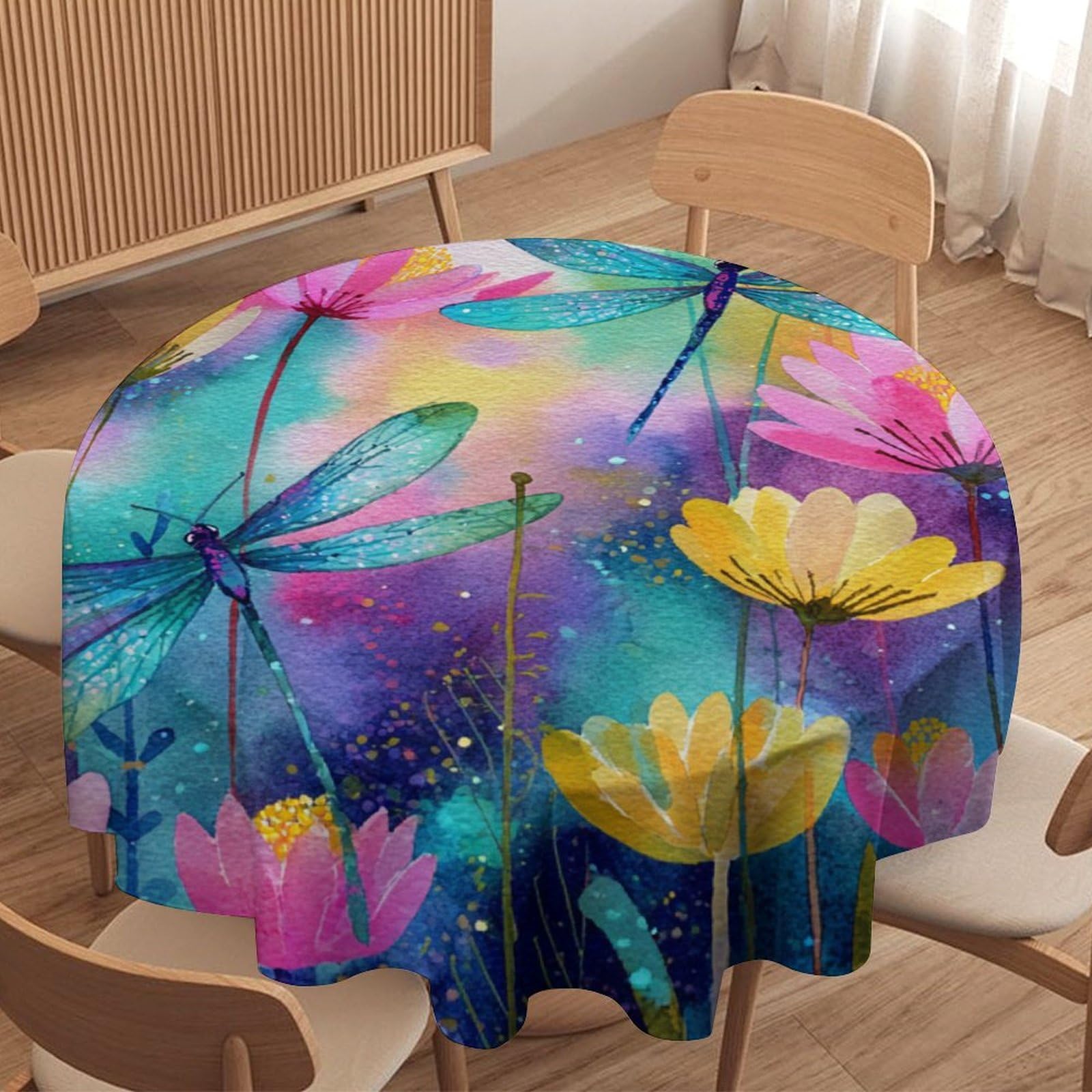 LUYYSKY Beautiful Aesthetic Dragonflies Round Tablecloth Beautiful Classic Plant Flowers Animal Dragonfly Print Washable Decor for Table Cover for Kitchen-152.4" Wx152.4 L cm