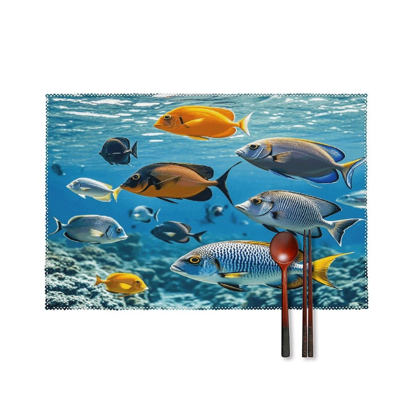 Fish in The Sea Placemats Set of 6 Heat Resistant Non-Slip Table Mats Washable Indoor Outdoor Place Mats Rustic Vintage Seasonal Placemat for Kitchen Dining Outdoor Party Table Decor