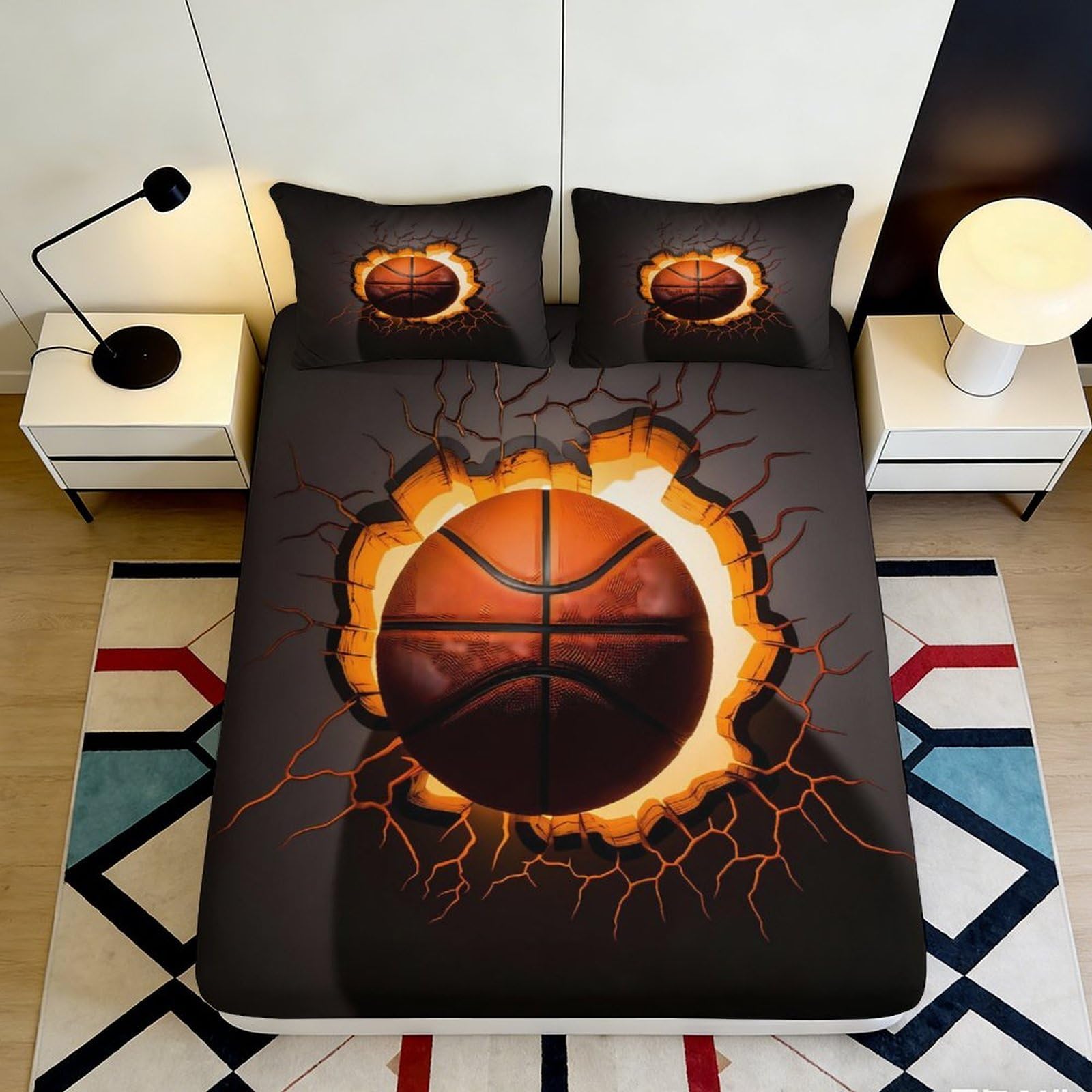 Pnayamiorkfel Style-4 3D Printed Basketball Explosion Fitted Sheet Microfiber Black Orange Mattress Cover For Bedroom Dorm Decor Easy Care 90X200x25cm