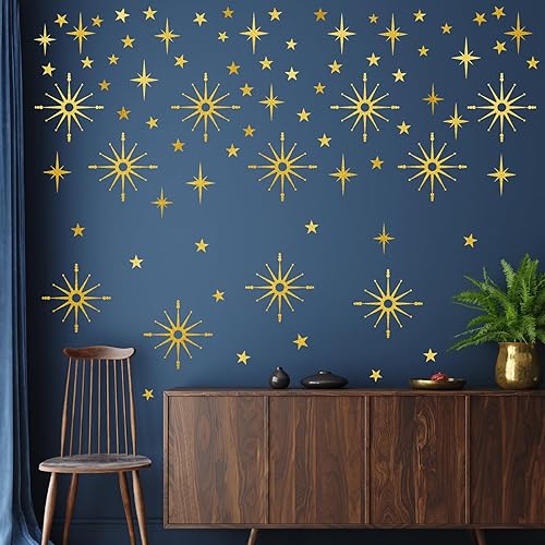 Calcomanías de pared con estrella dorada, diseño retro de explosión de estrellas, calcomanías para dormitorio, sala de estar, decoración de techo,