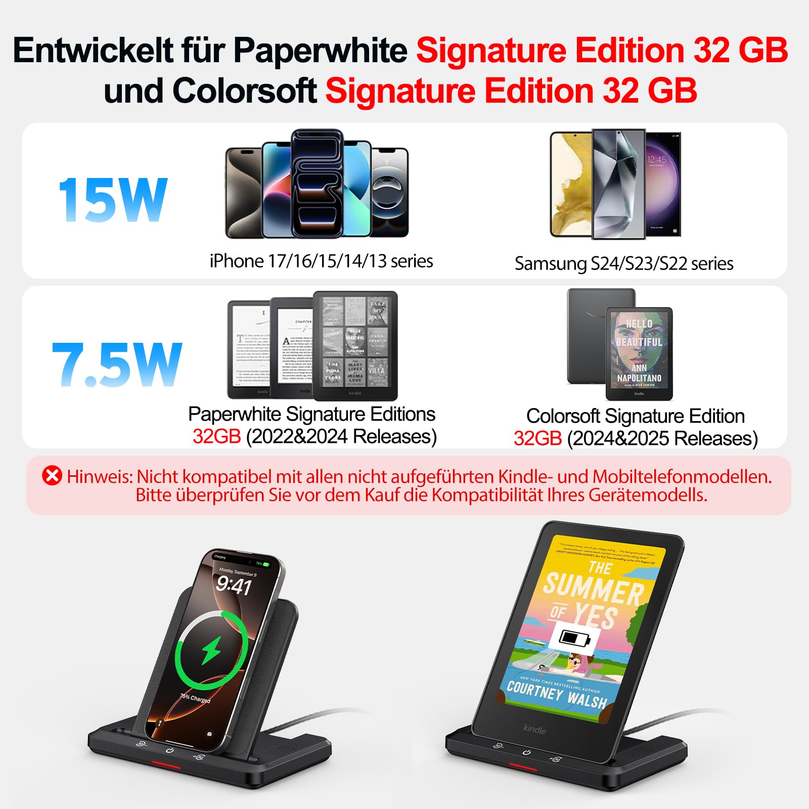 Dock di ricarica wireless con altoparlante per audiolibri | Compatibile con Kindle Paperwhite Signature Edition (2022/2024) & Colorsoft Signature Edition | Stazione di ricarica wireless pieghevole con