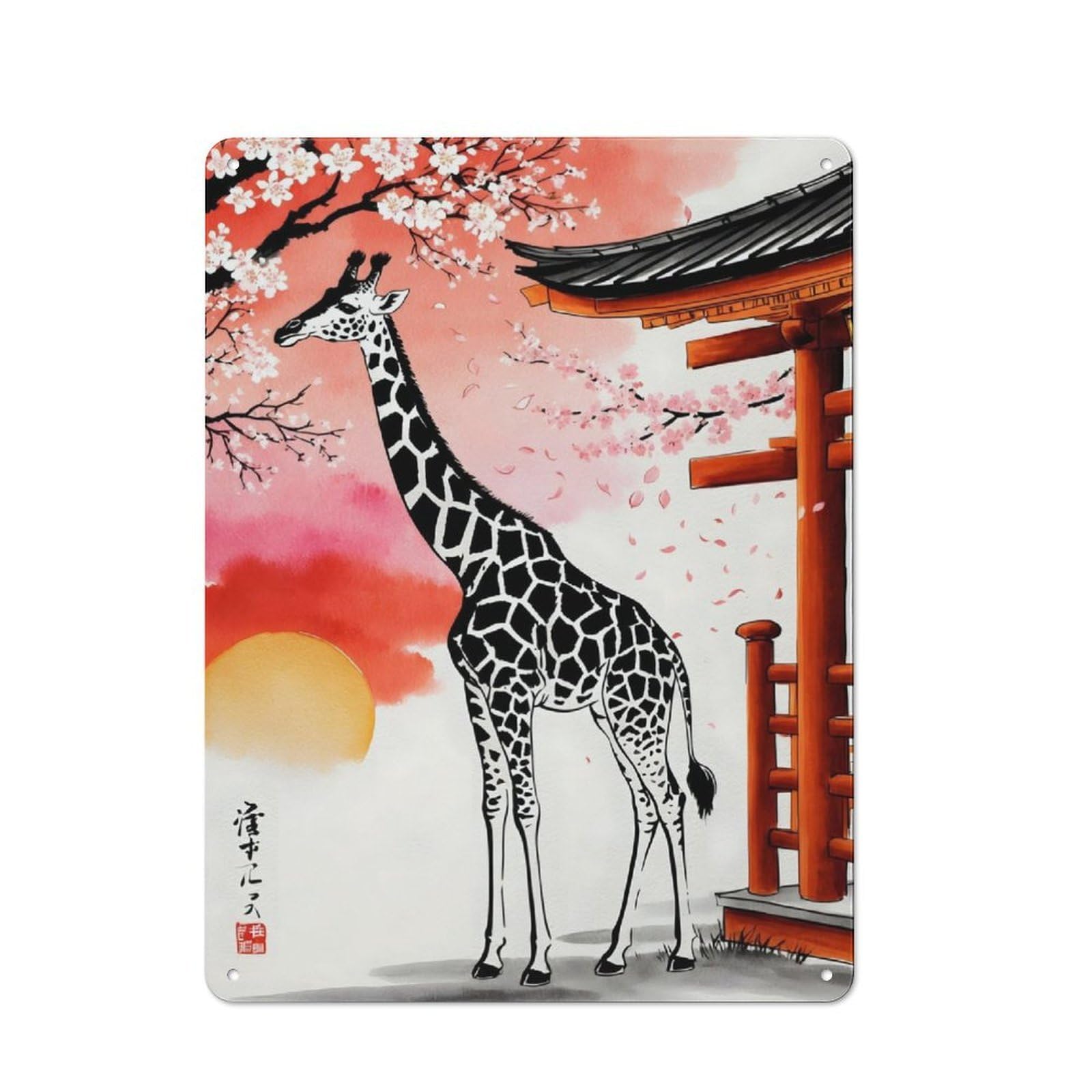 Retro Metal Sign with Giraffe Japan Painting Design 40x30cm, Weathered Look Shed Wall Plaque for Garage, Workshop, Shed Or Utility Room