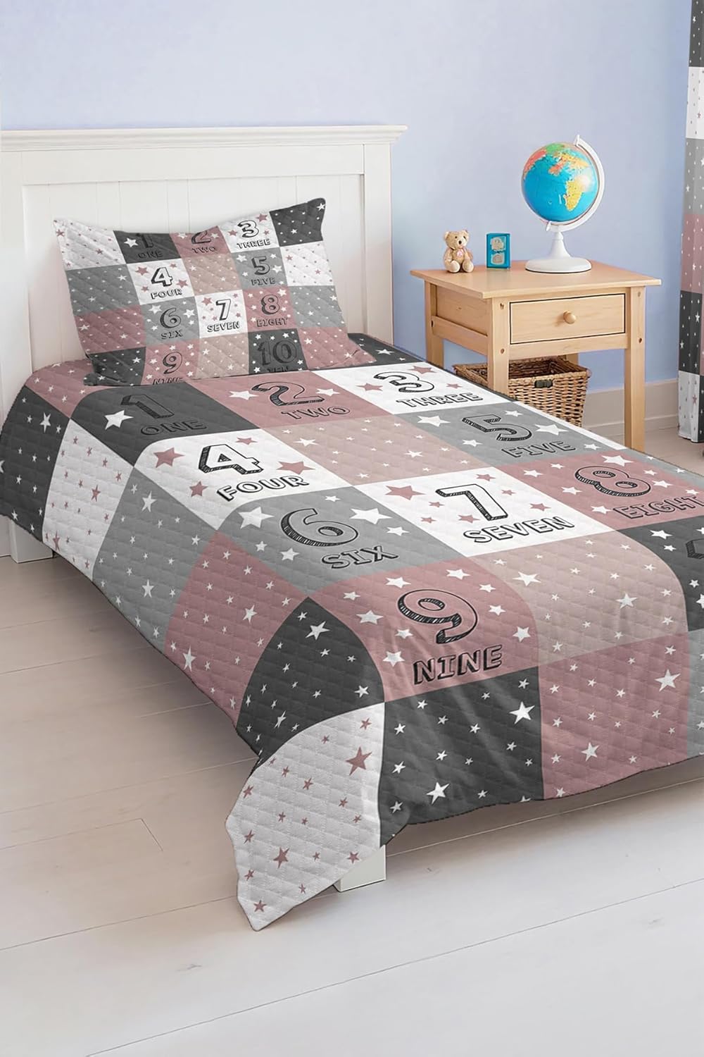 SODEF Bedding Set Twin Size Numbers and Stars Patterned Quilt Set for Kids and Teens Room, Lightweight Cotton Polyester Blend, 2 Piece Set - Multicolor, One Size