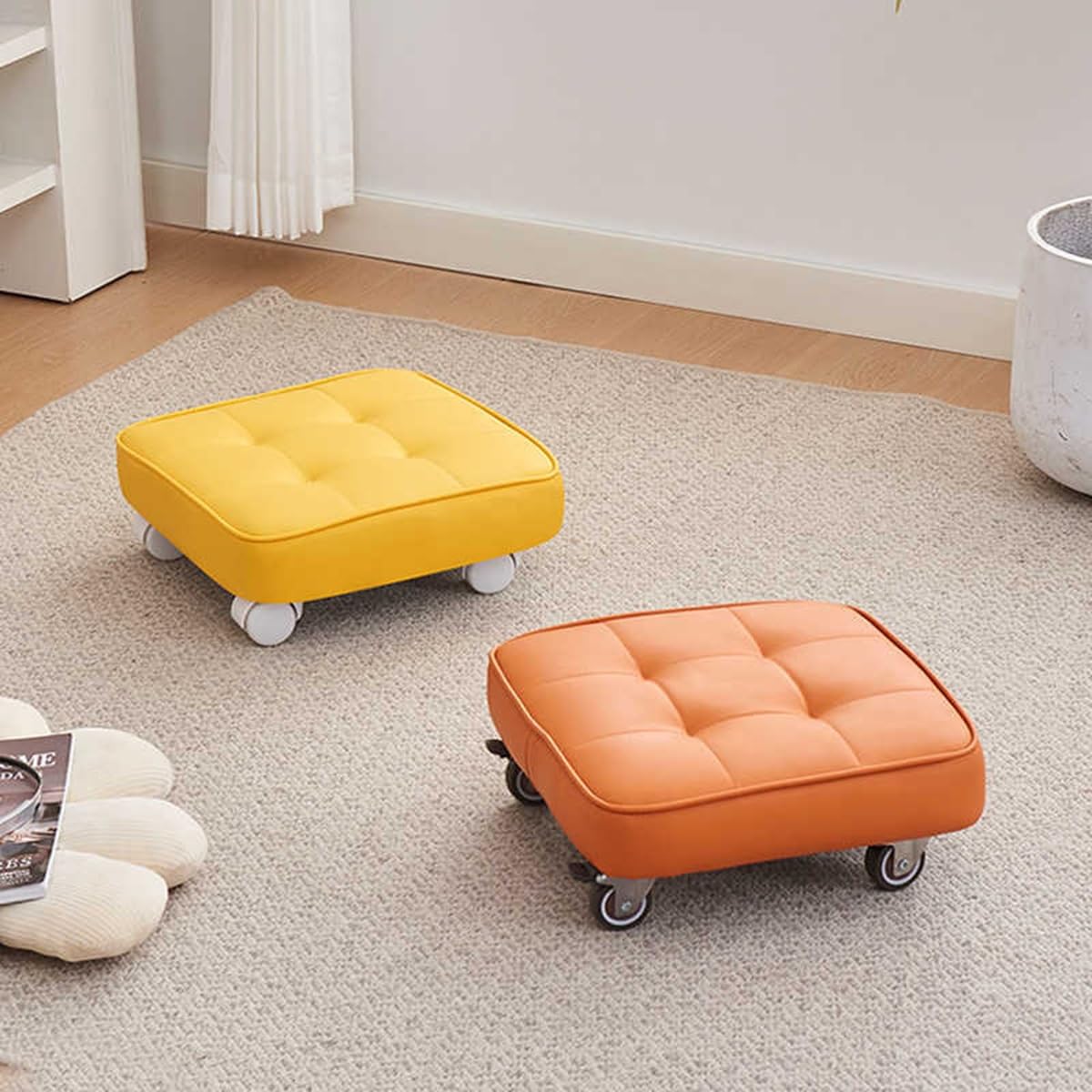 Sgabello quadrato con ruote, sedile imbottito girevole a 360 gradi, poggiapiedi girevole in pelle per ingresso domestico e yoga