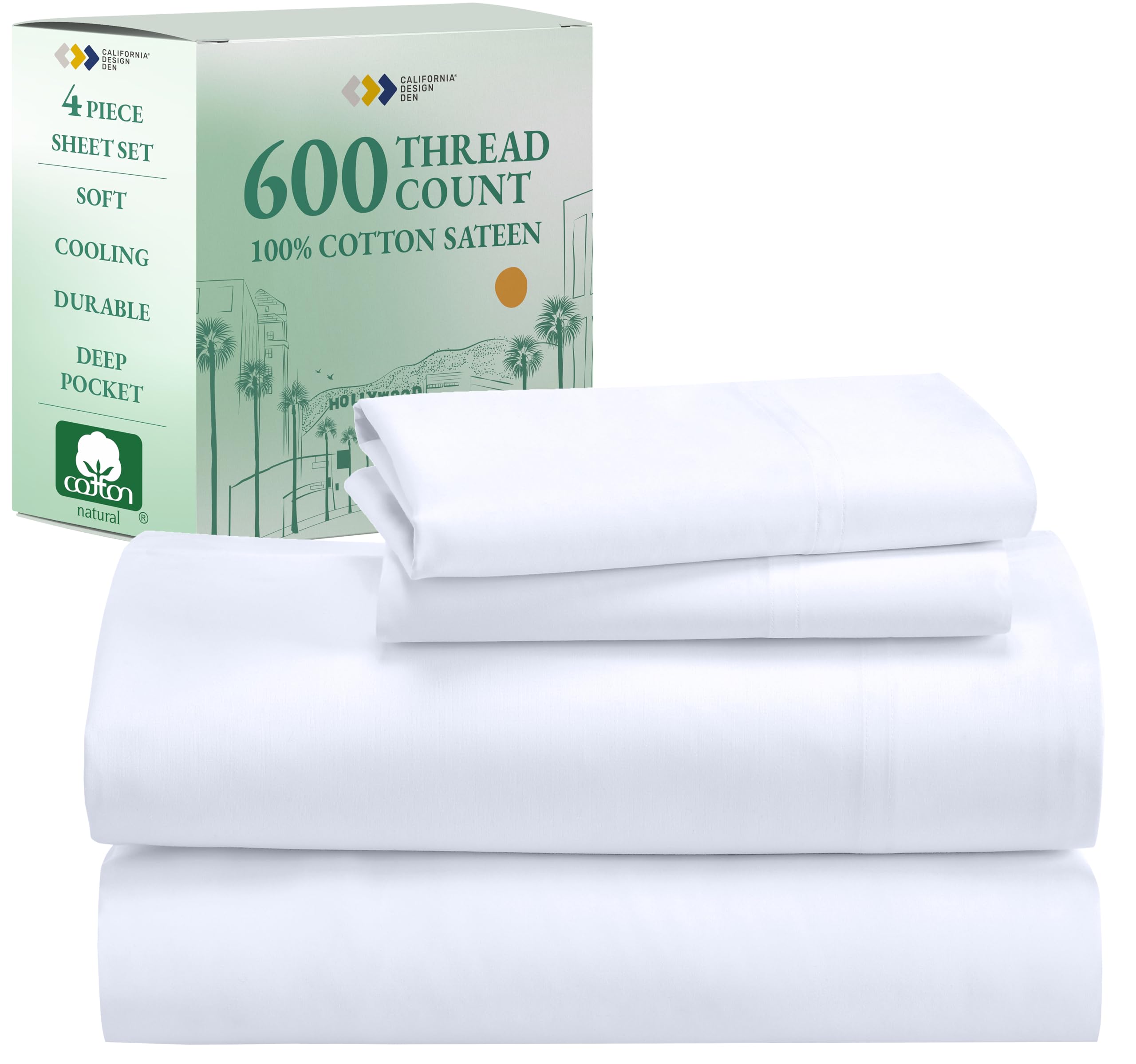 California Design Den Queen Sheet Set - Luxury 600 Thread Count Sateen, 100% Cotton Deep Pocket Queen Sheets with All Around Elastic for a, Hotel Quality Bedding Set - White