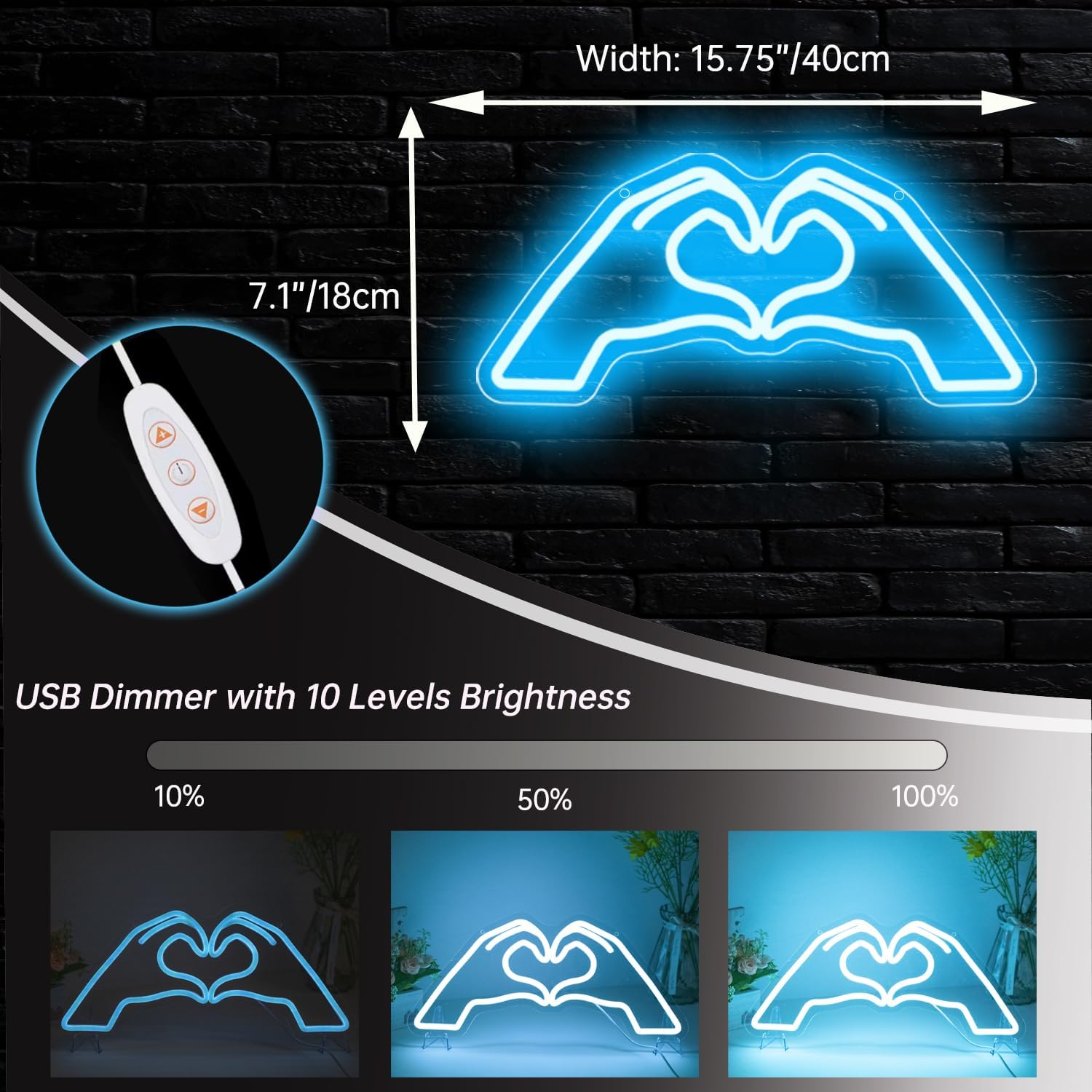 Heart Hands Neon Sign, Blue Room Decor, 15.75 inches Dimmable USB Powered Led Wall Art Decor, Music Merch Gifts for Girls Boys, Fans, Music Lover, Party, Christmas, Birthday(Blue）