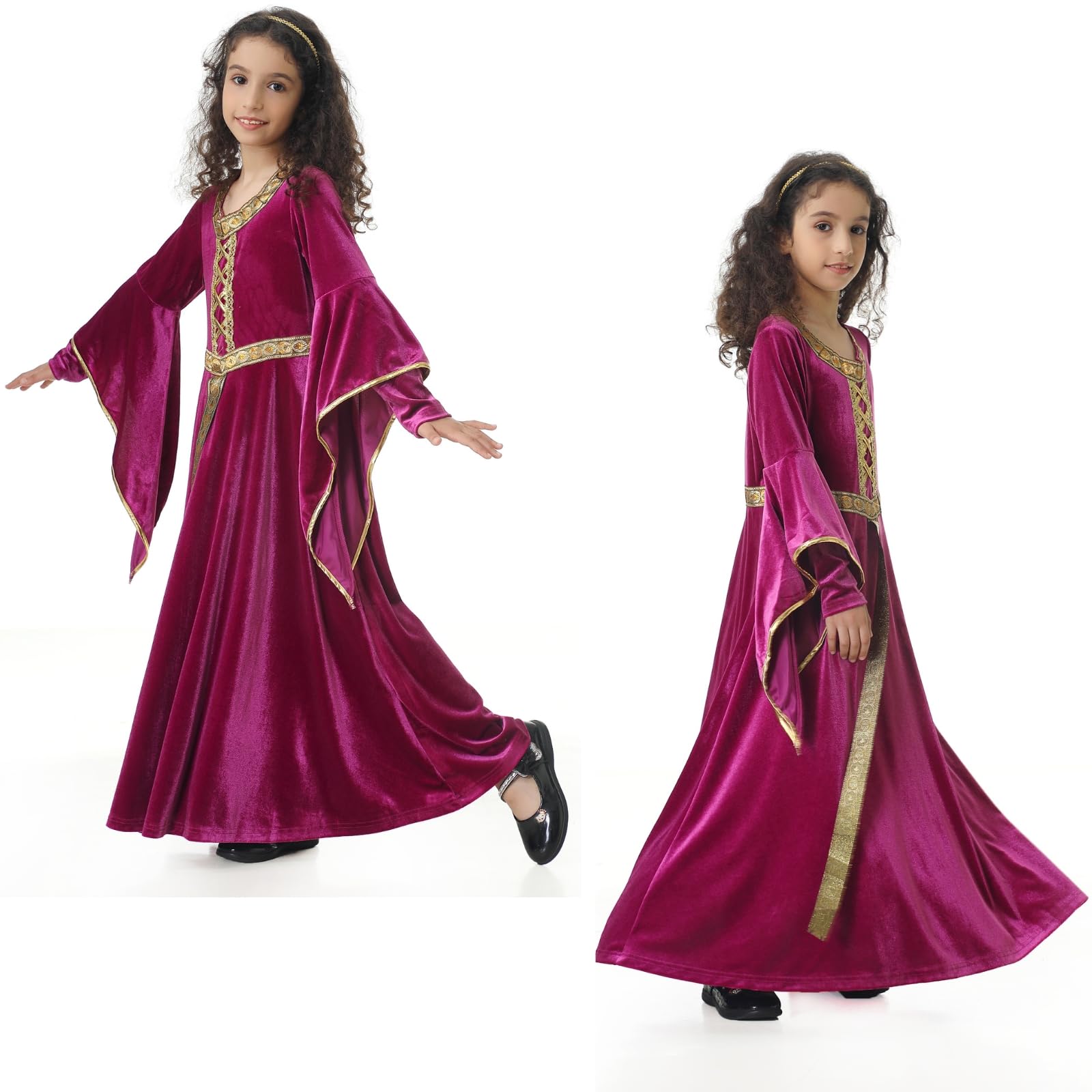 maxToonrain Girls Medieval Princess Costume Renaissance Velvet Dress Kids Royal Fancy Dress Up for Halloween World Book Day (Pink - Image 3