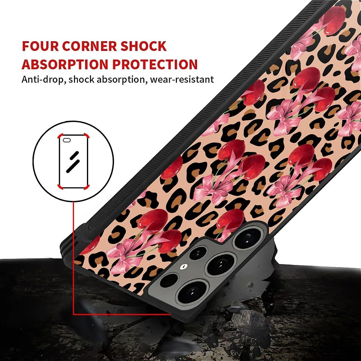Case for Samsung Galaxy S25 Ultra,Leopard Print with Cherry Bow Four Corner Airbag Case for Samsung Galaxy S25 Ultra,Anti-Slip Drop Protection Corner Galaxy S25 Ultra Case