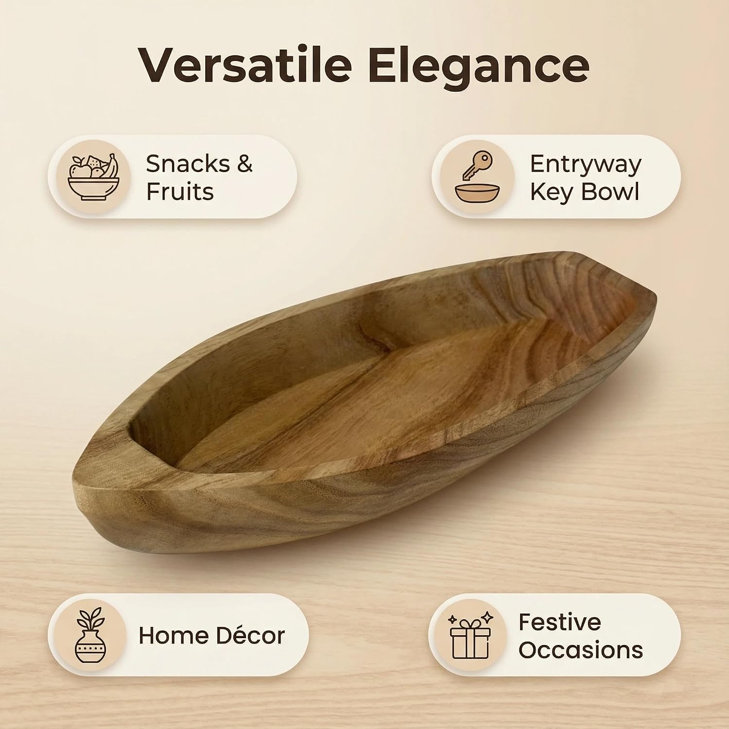 Handcrafted Boat-Shaped Solid Wood Serving Tray (11.6 x 4.5 x 2.2 inches) – Decorative Wooden Appetizer Platter for Home Parties, Game Nights, Snacks, and Desserts – Natural Wooden Boat