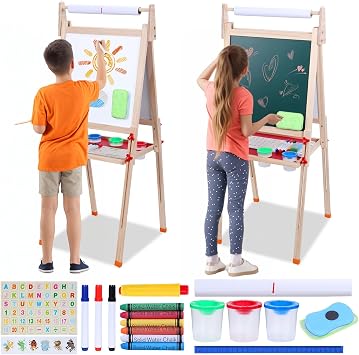 Kids Art Easel, Wooden Double Sided Magnetic Easel with Paper Roll, Height Adjustable for Toddlers & Kids Ages 3-12