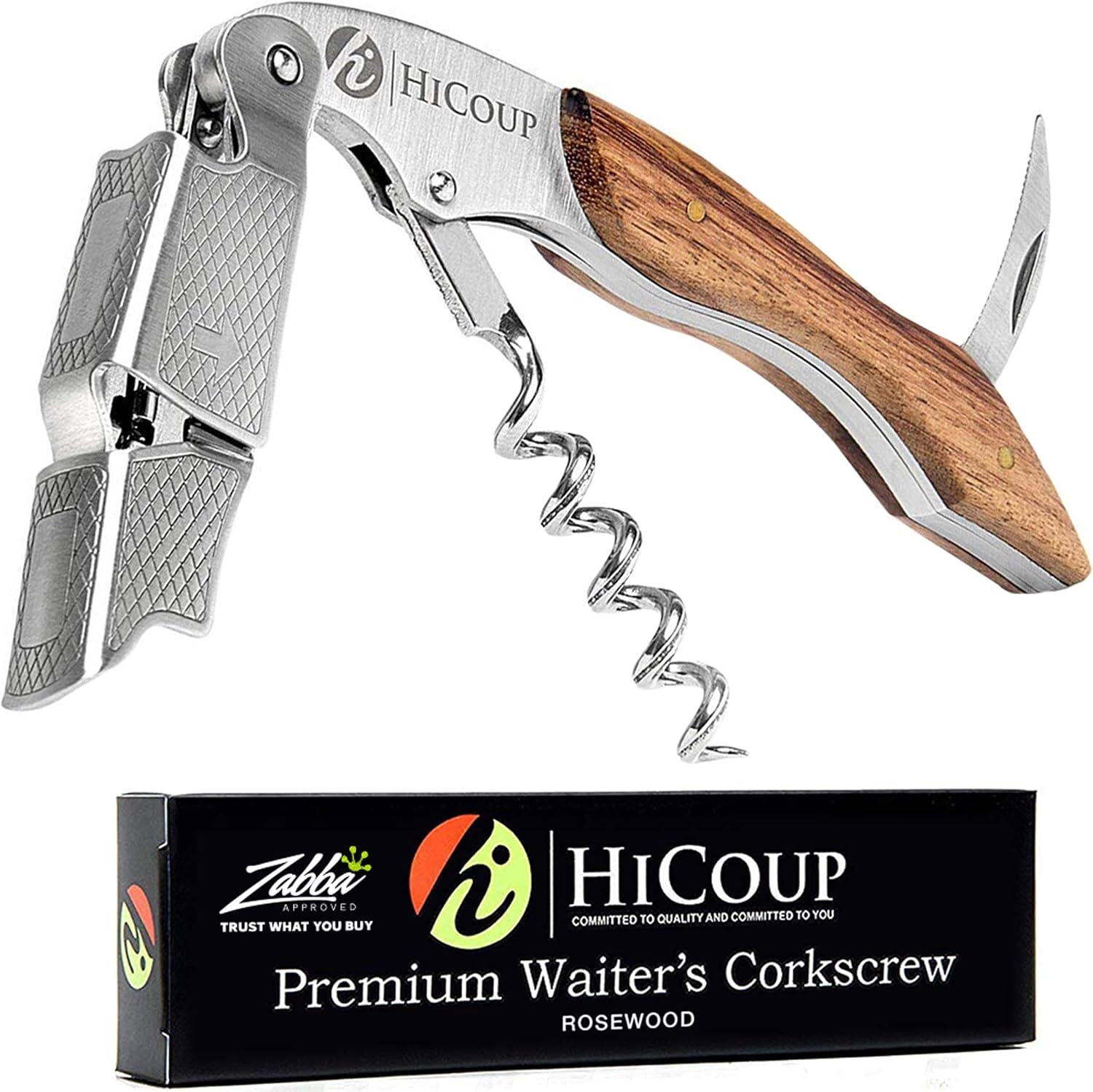HiCoup Wine Opener - Professional Corkscrews for Wine Bottles w/Foil Cutter and Cap Remover - Manual Wine Key for Servers, Waiters, Bartenders and Home Use - Classic Rosewood