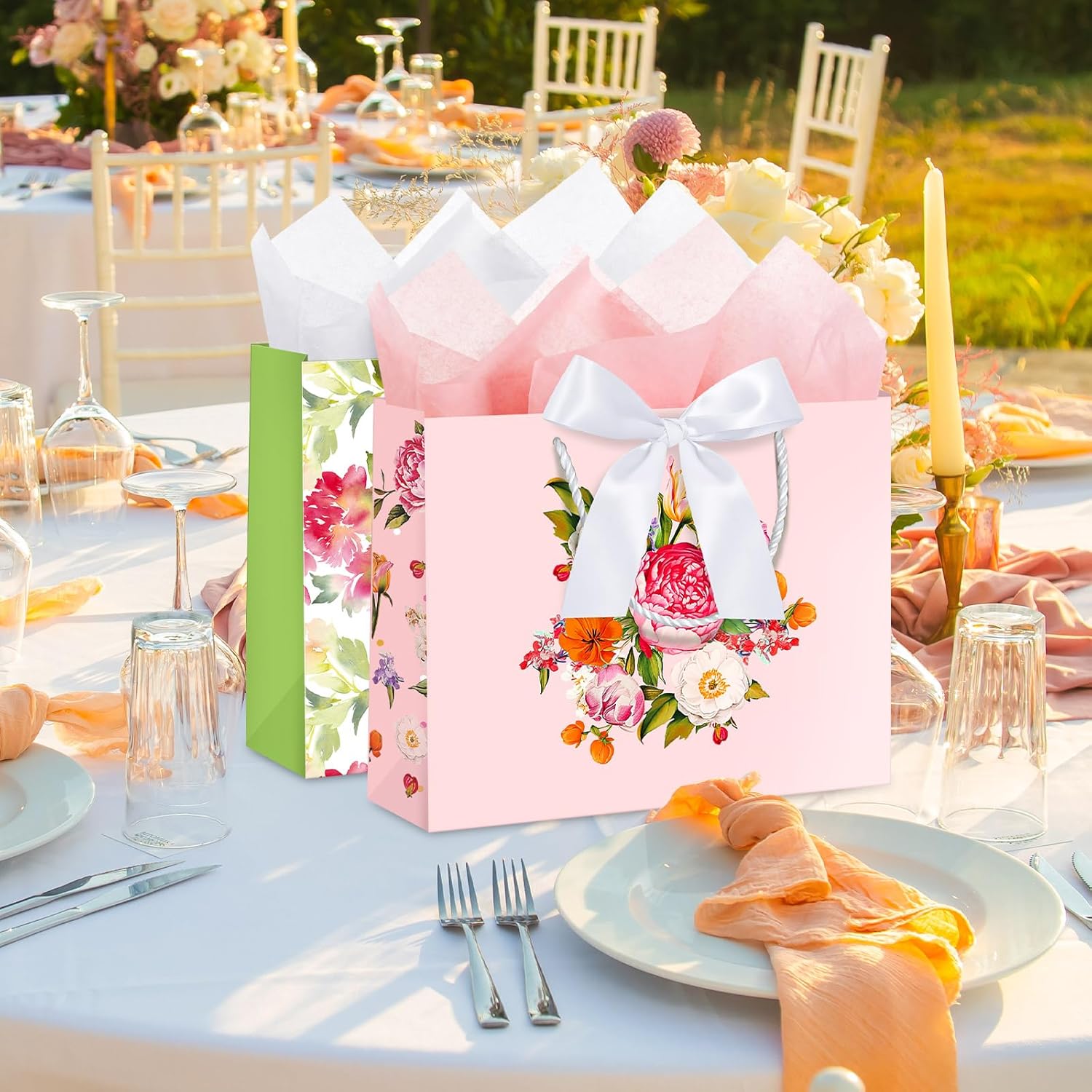 MotiMind 12 Sets 13" Large Gift Bags Spring Floral Paper Gift Bags with White Bow, Tissue Paper and Greeting Card for Wedding Spring Bridal Shower Birthday Anniversaries Tea Party Supplies